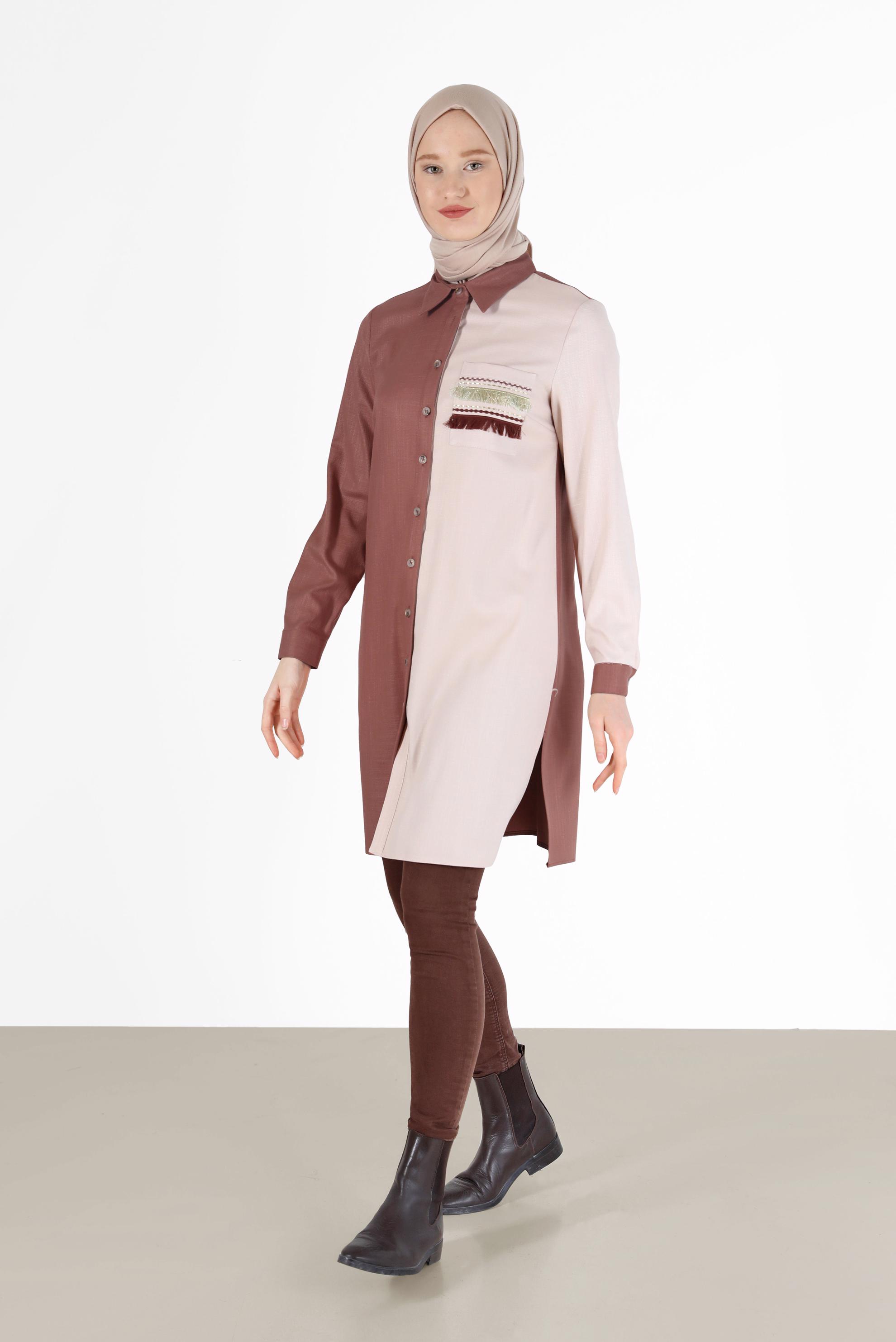 Tesettür giyim TURUNCU PÜSKÜL DETAYLI İKİ RENK TUNİK 42291