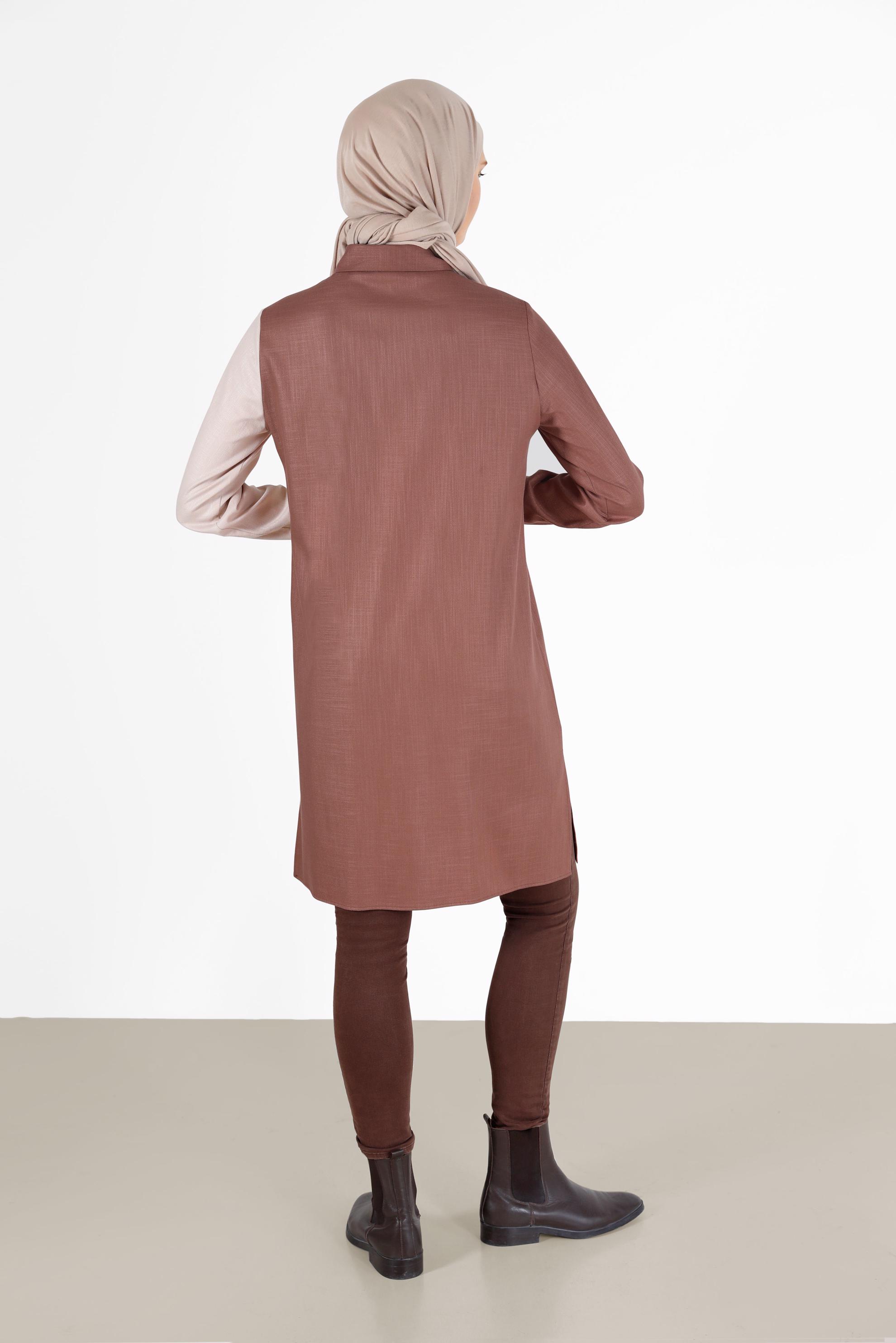 Tesettür giyim TURUNCU PÜSKÜL DETAYLI İKİ RENK TUNİK 42291