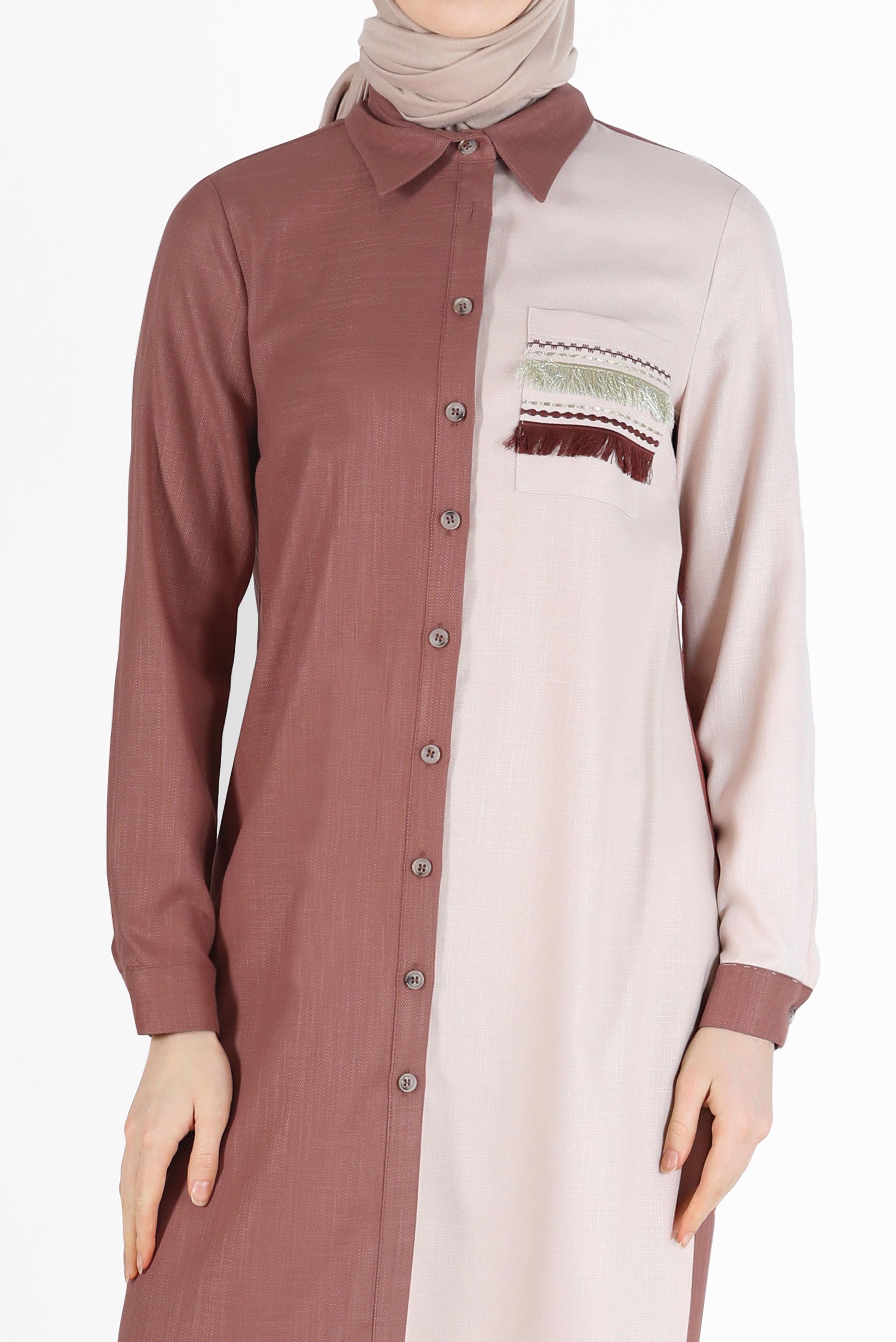 Tesettür giyim TURUNCU PÜSKÜL DETAYLI İKİ RENK TUNİK 42291