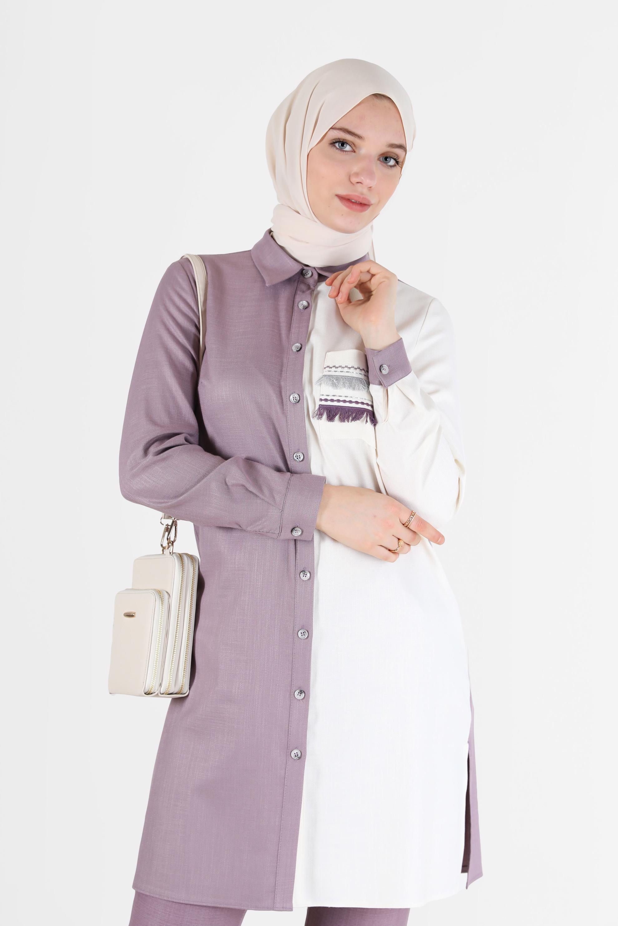 Tesettür giyim MOR PÜSKÜL DETAYLI İKİ RENK TUNİK 42291