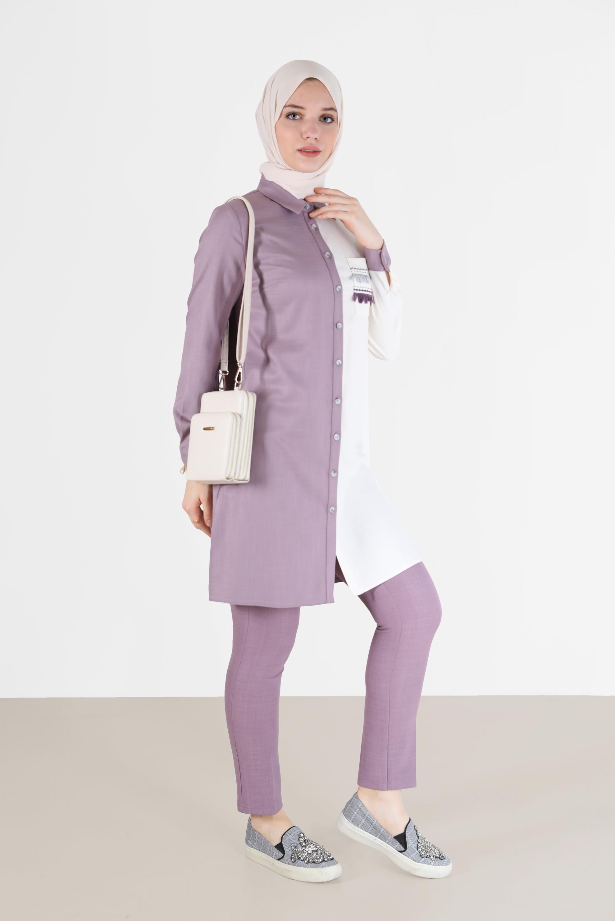 Tesettür giyim MOR PÜSKÜL DETAYLI İKİ RENK TUNİK 42291