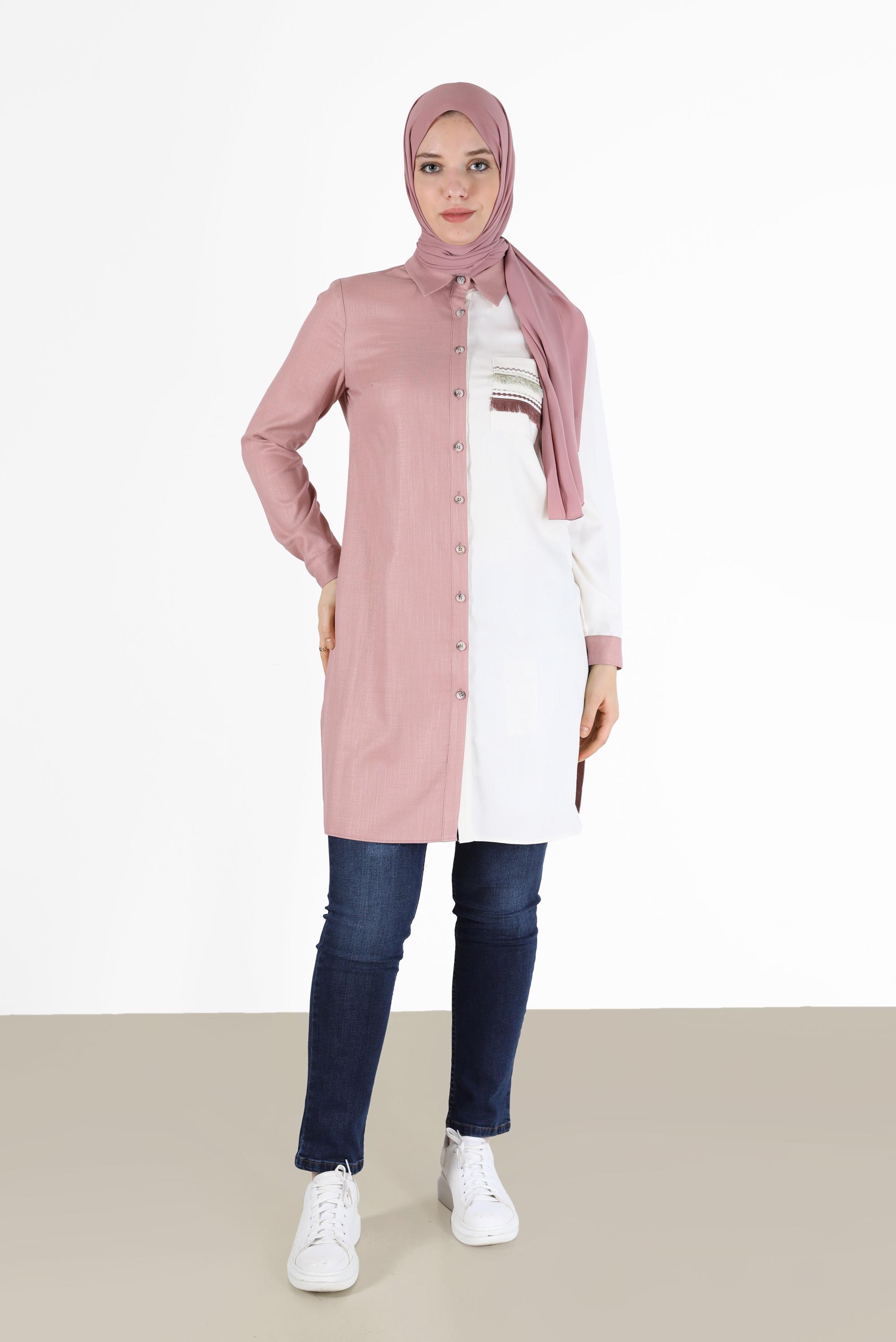 Tesettür giyim KAHVE PÜSKÜL DETAYLI İKİ RENK TUNİK 42291