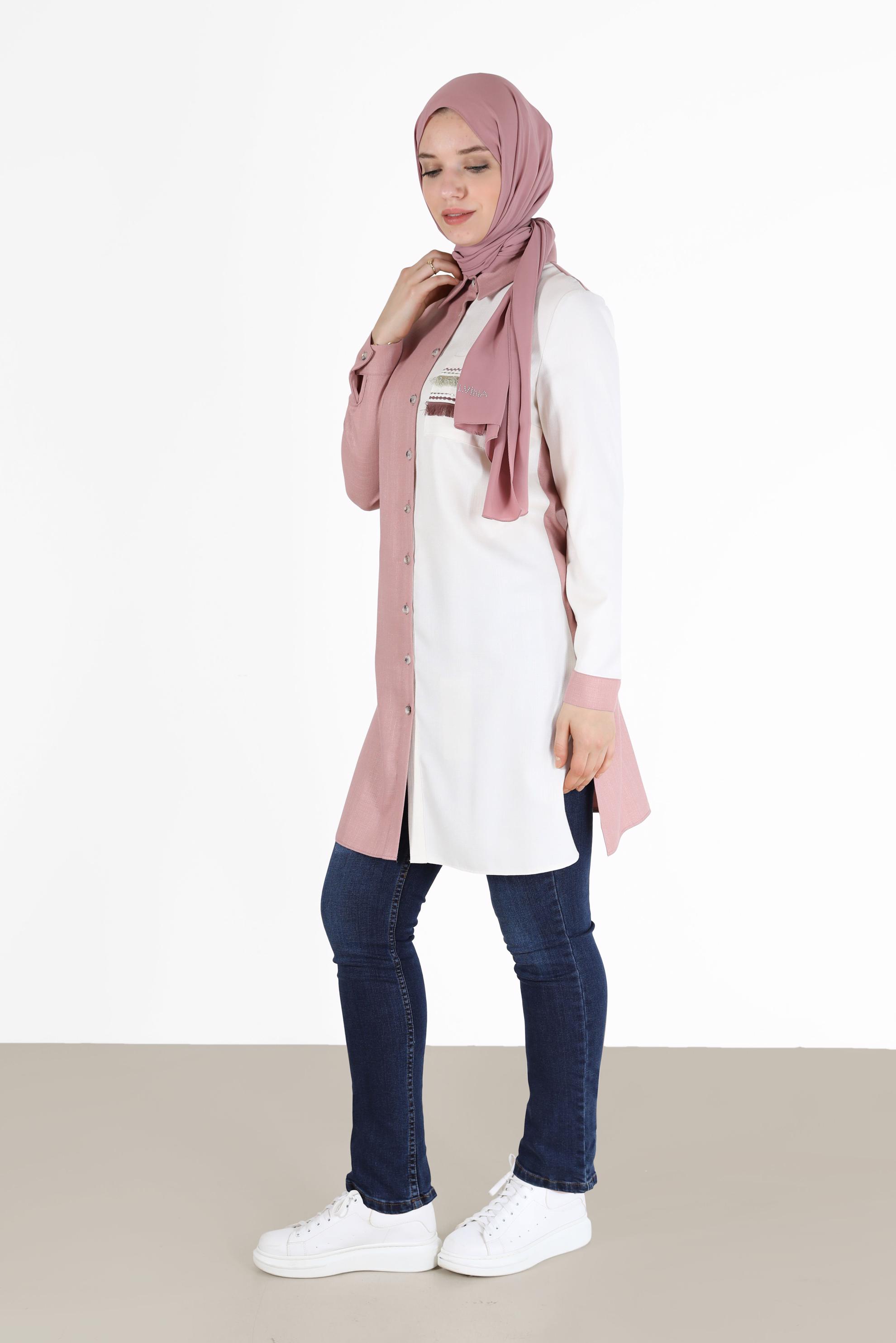 Tesettür giyim KAHVE PÜSKÜL DETAYLI İKİ RENK TUNİK 42291