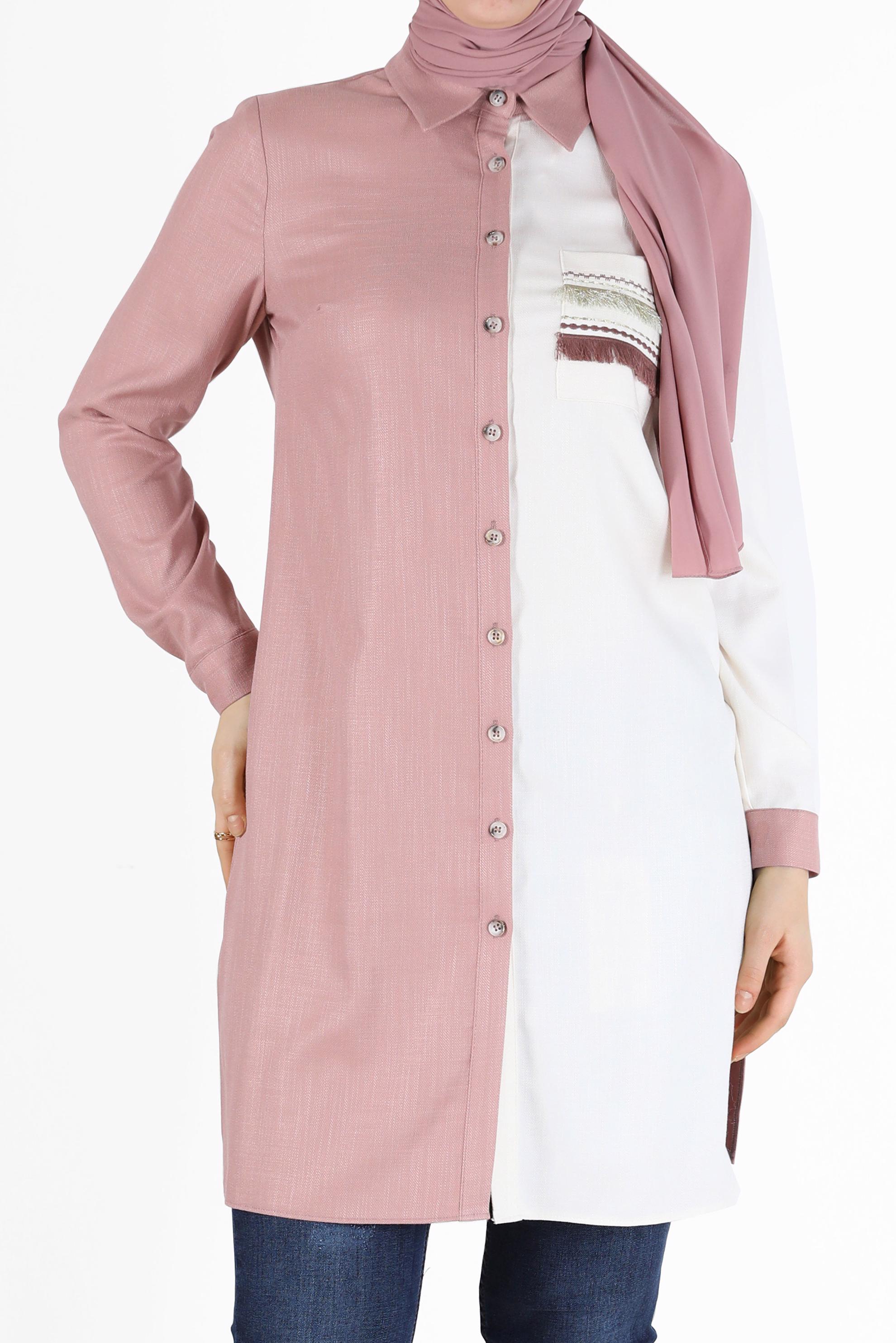 Tesettür giyim KAHVE PÜSKÜL DETAYLI İKİ RENK TUNİK 42291