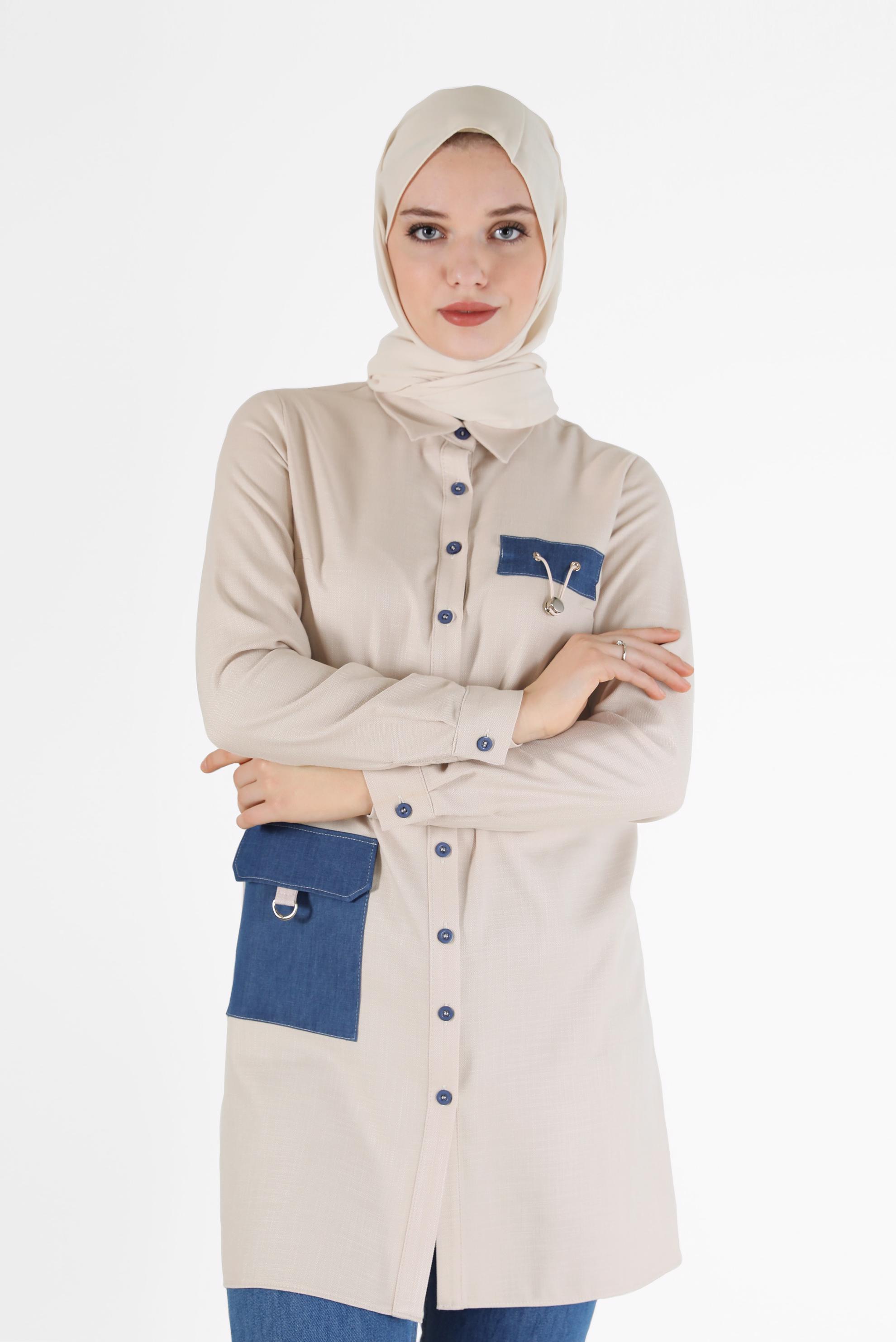 Tesettür giyim BEJ CEP DETAYLI TUNİK 42292 
