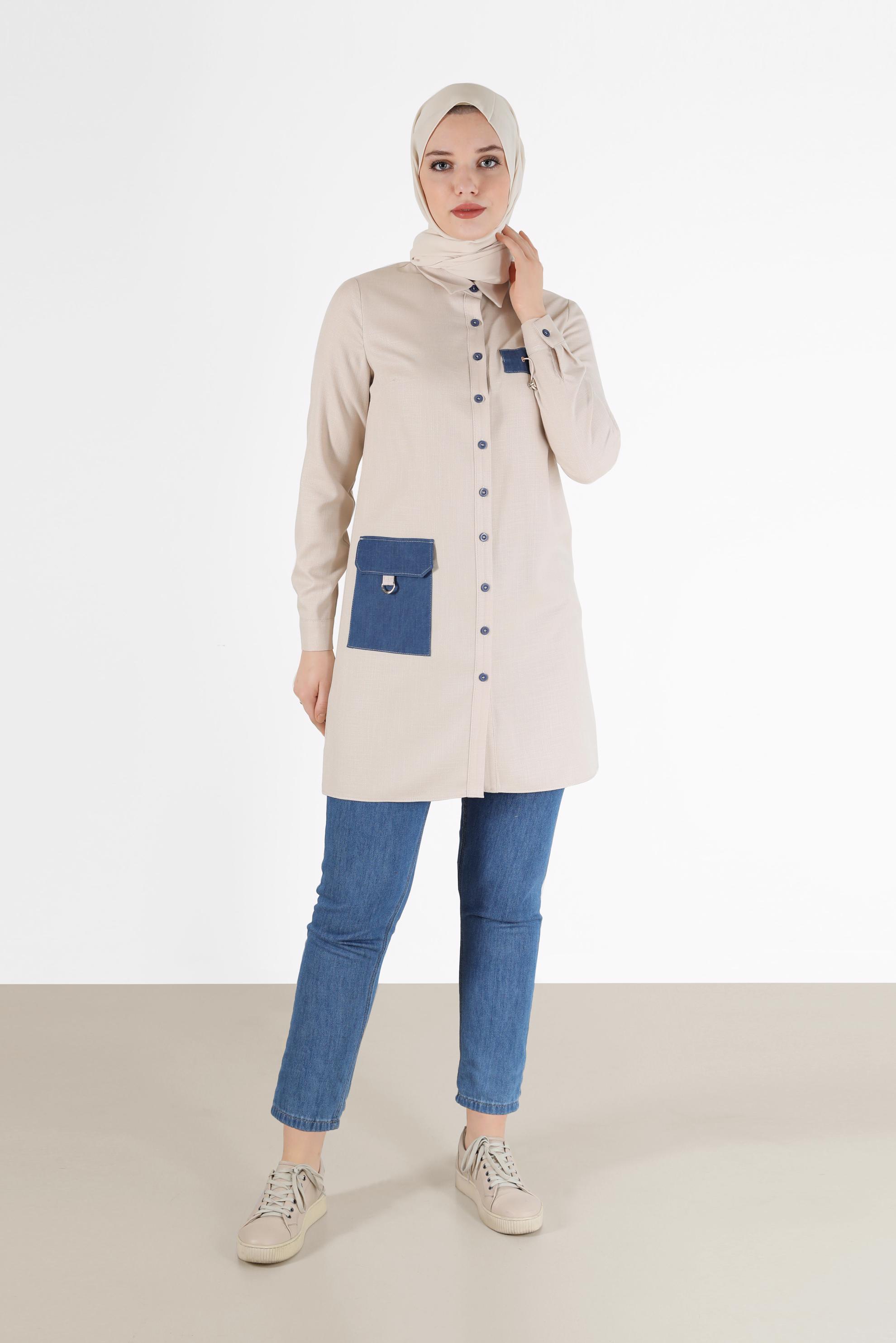 Tesettür giyim BEJ CEP DETAYLI TUNİK 42292 