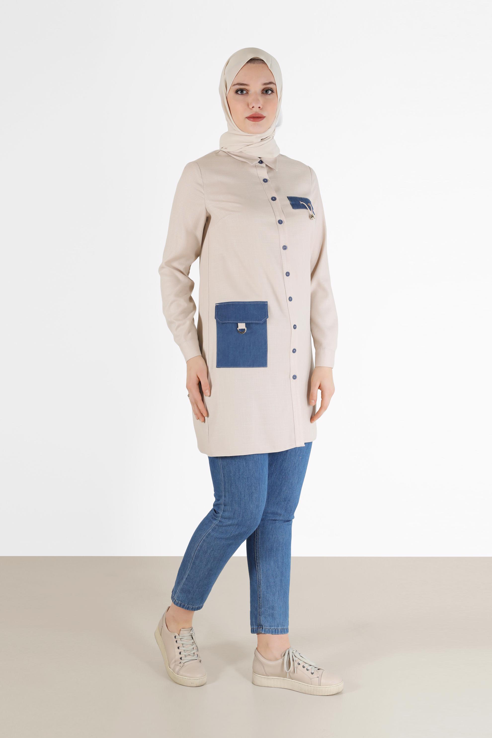 Tesettür giyim BEJ CEP DETAYLI TUNİK 42292 