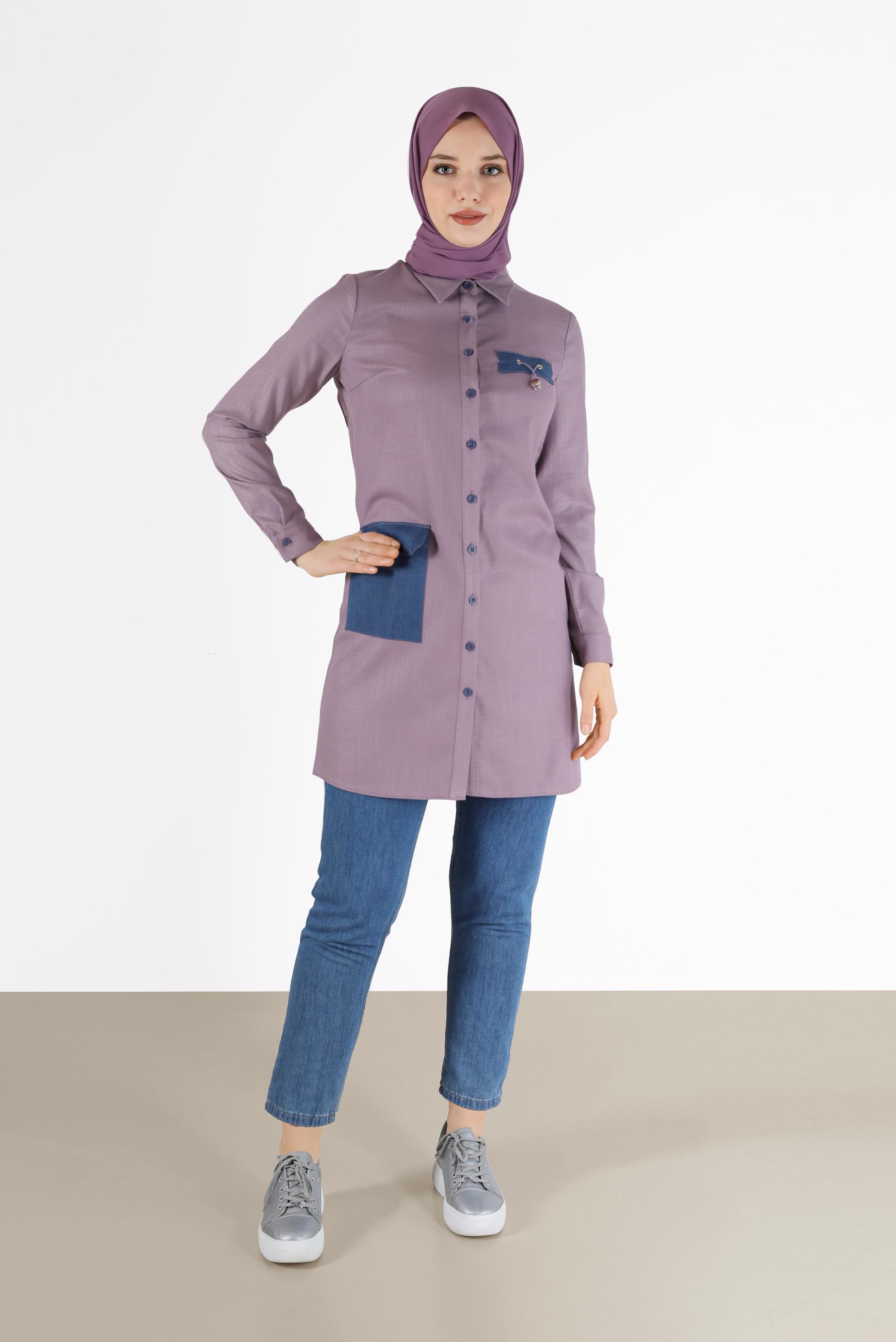 Tesettür giyim MOR CEP DETAYLI TUNİK 42292 