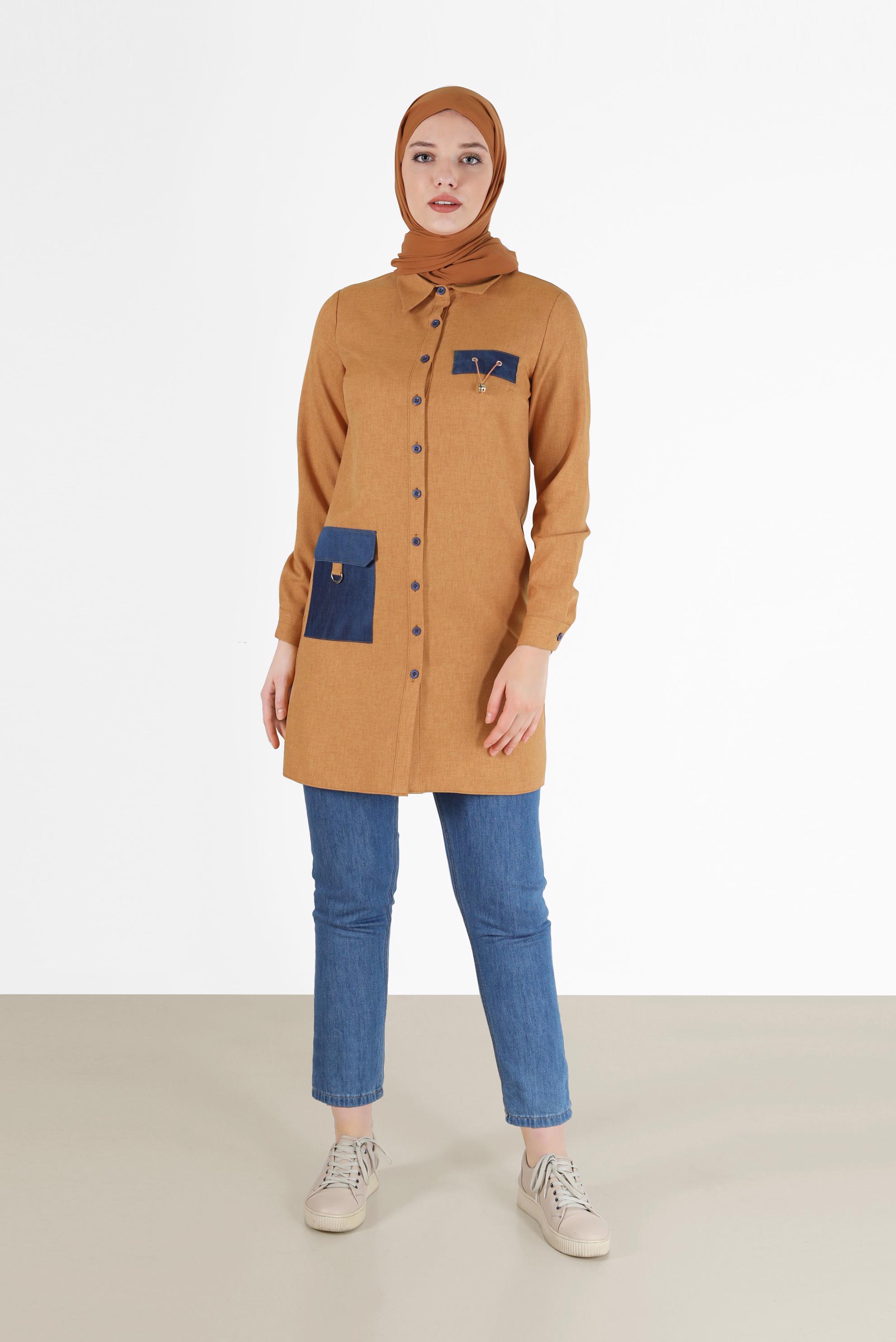 Tesettür giyim KAHVE CEP DETAYLI TUNİK 42292 