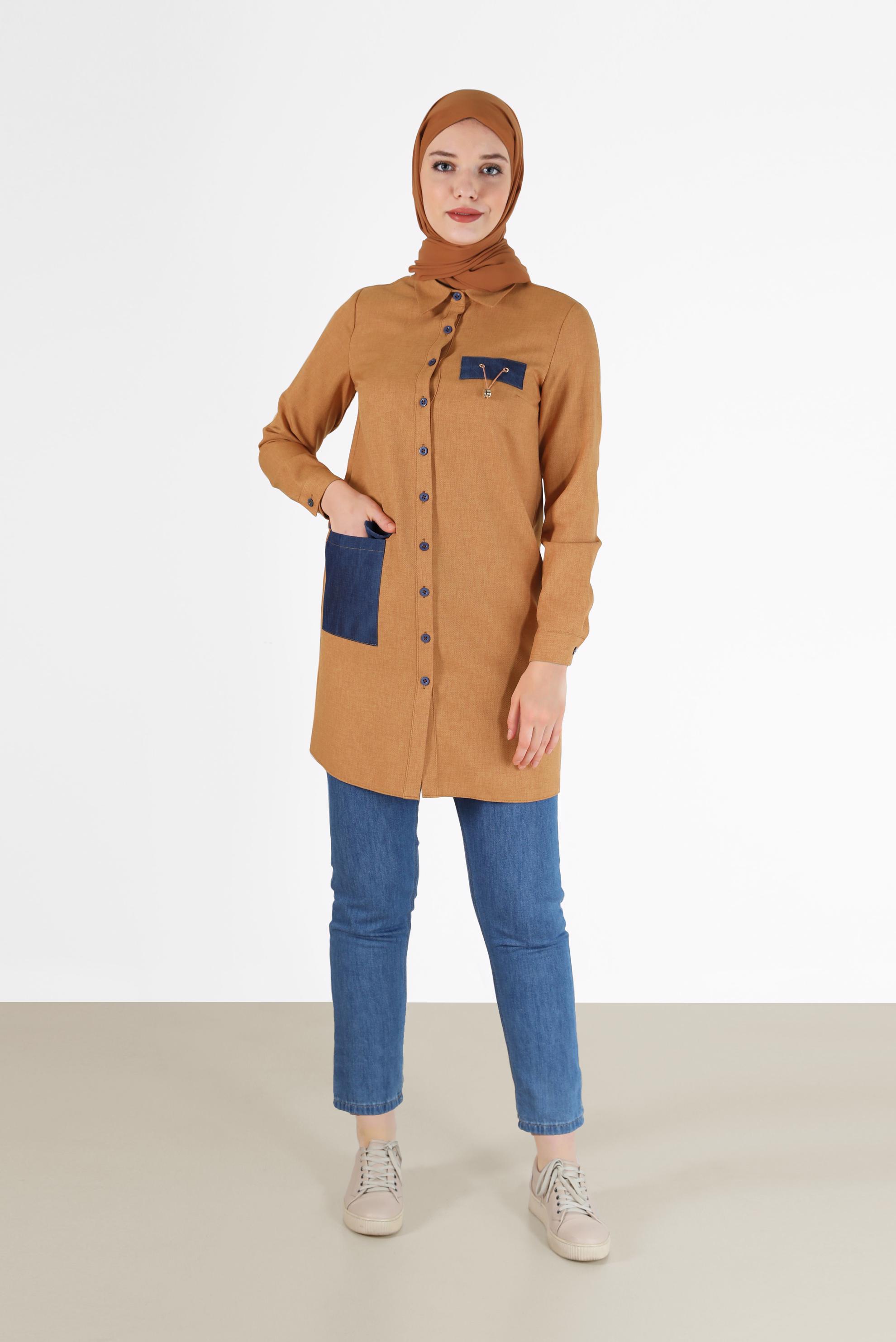Tesettür giyim KAHVE CEP DETAYLI TUNİK 42292 