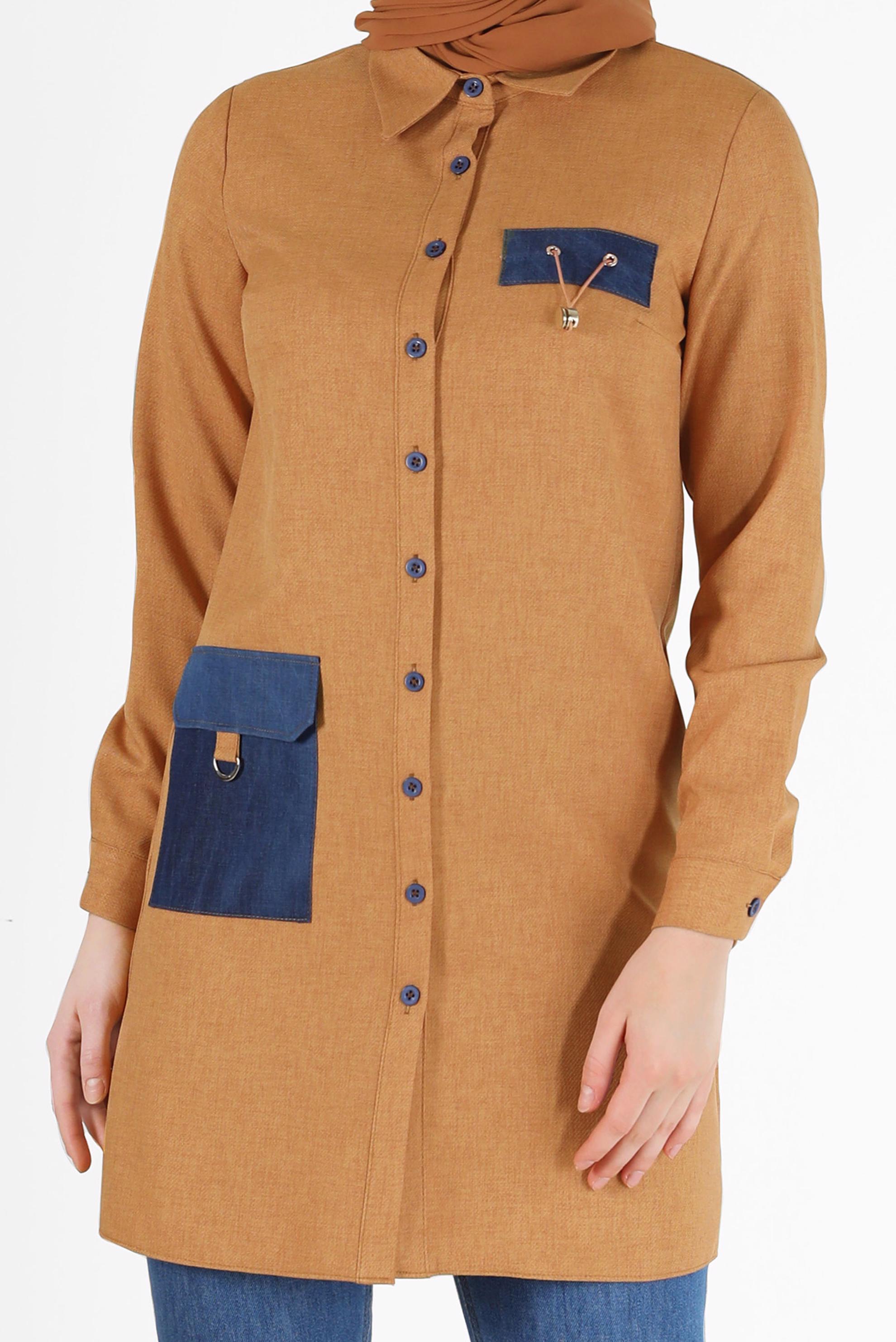 Tesettür giyim KAHVE CEP DETAYLI TUNİK 42292 