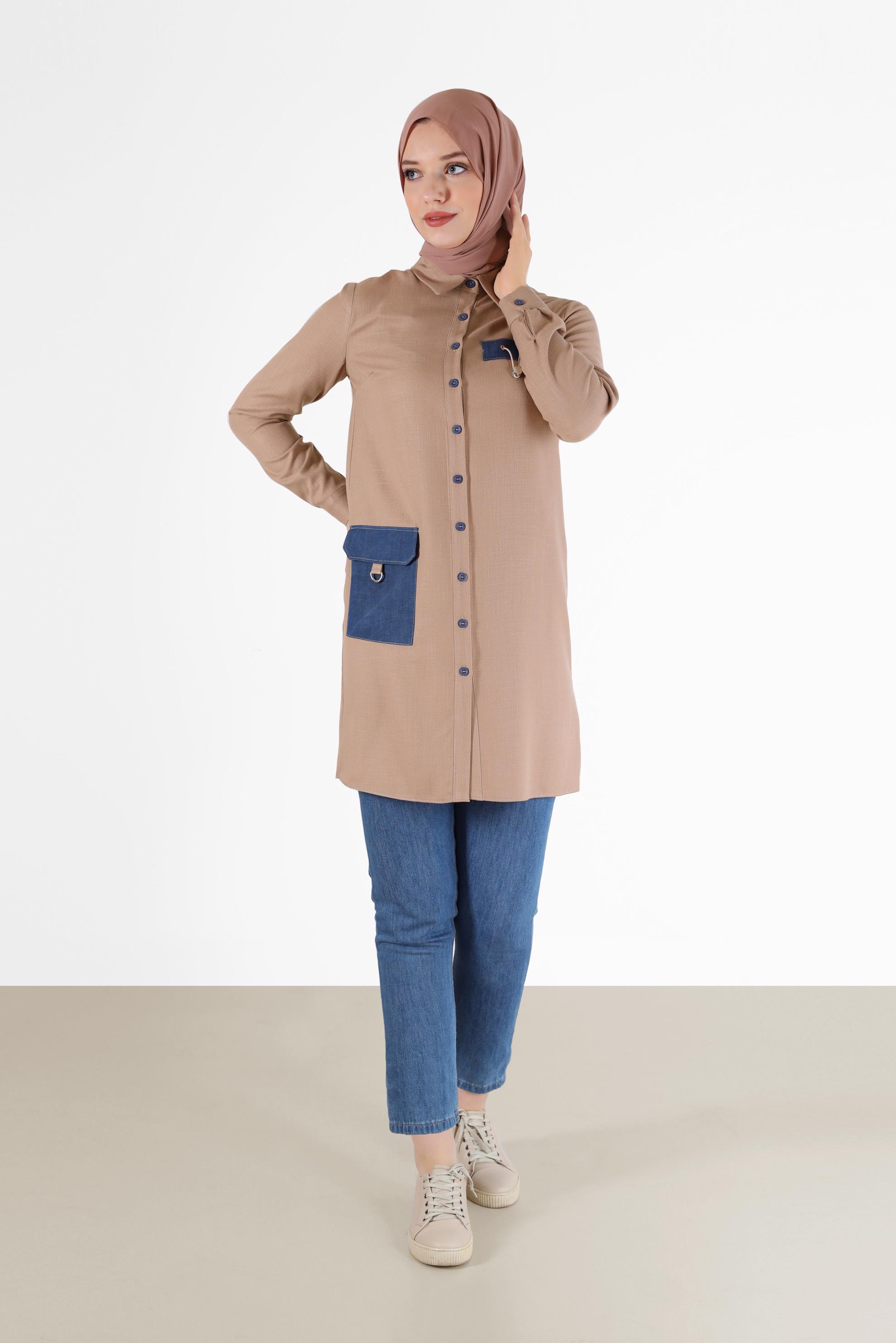 Tesettür giyim KAHVE CEP DETAYLI TUNİK 42292 