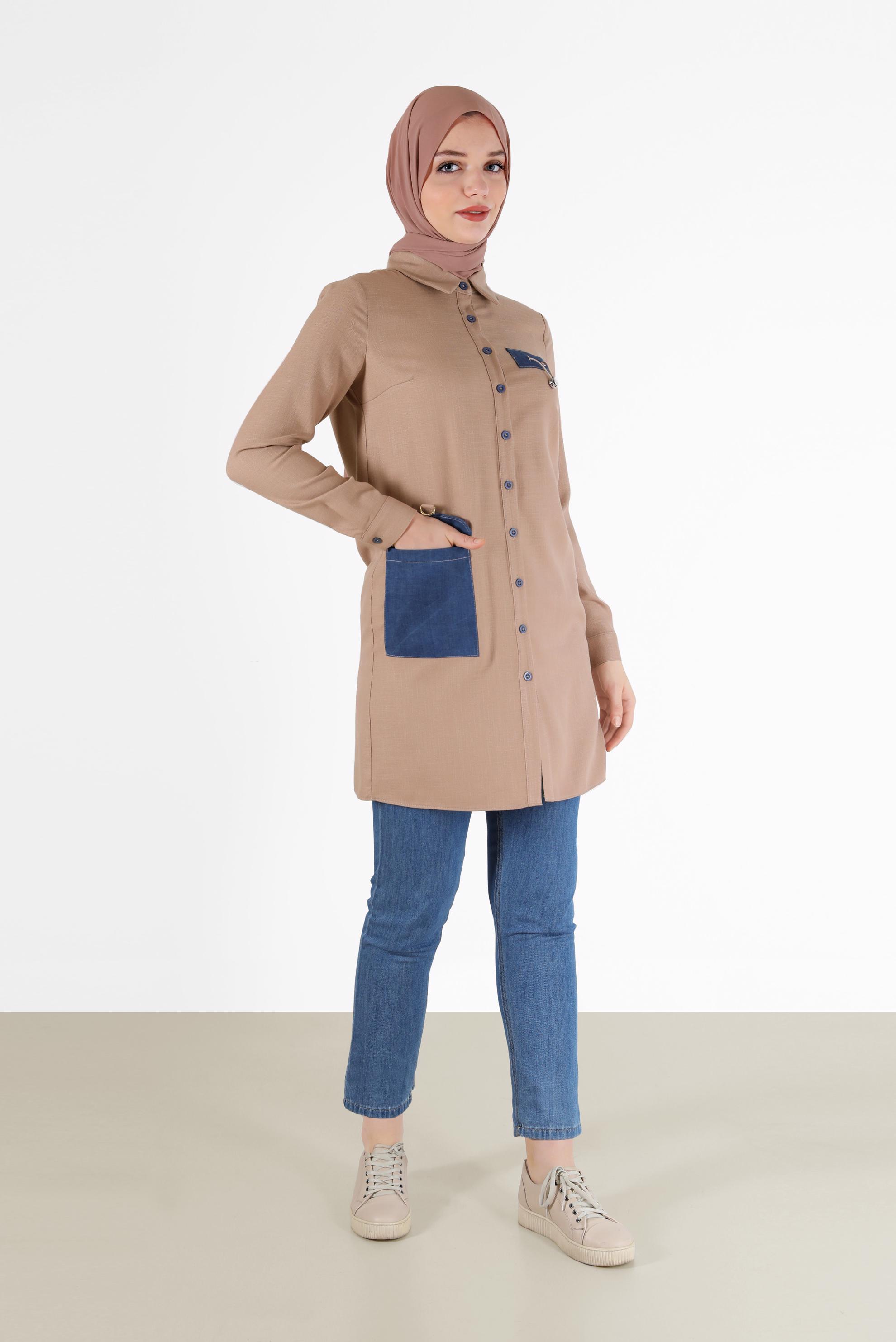 Tesettür giyim KAHVE CEP DETAYLI TUNİK 42292 