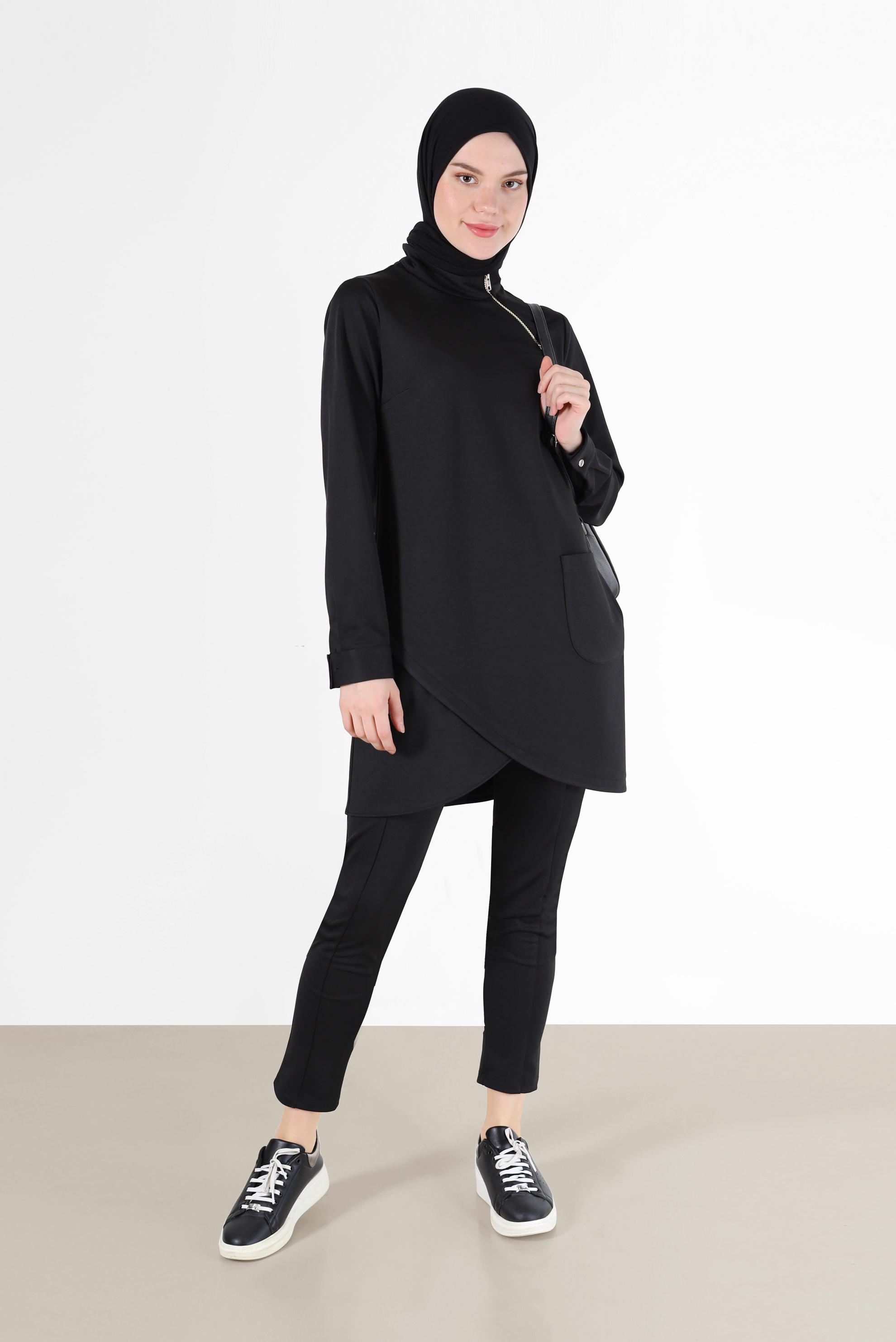 Tesettür giyim SİYAH FERMUAR DETAYLI ASİMETRİK KESİM TUNİK 42294 
