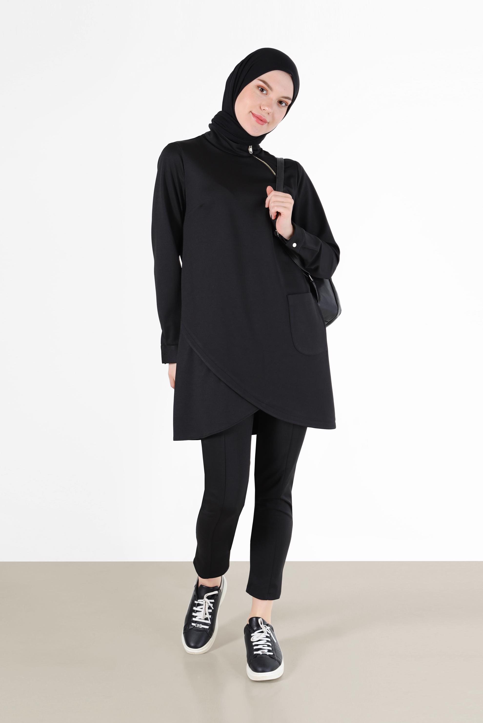 Tesettür giyim SİYAH FERMUAR DETAYLI ASİMETRİK KESİM TUNİK 42294 