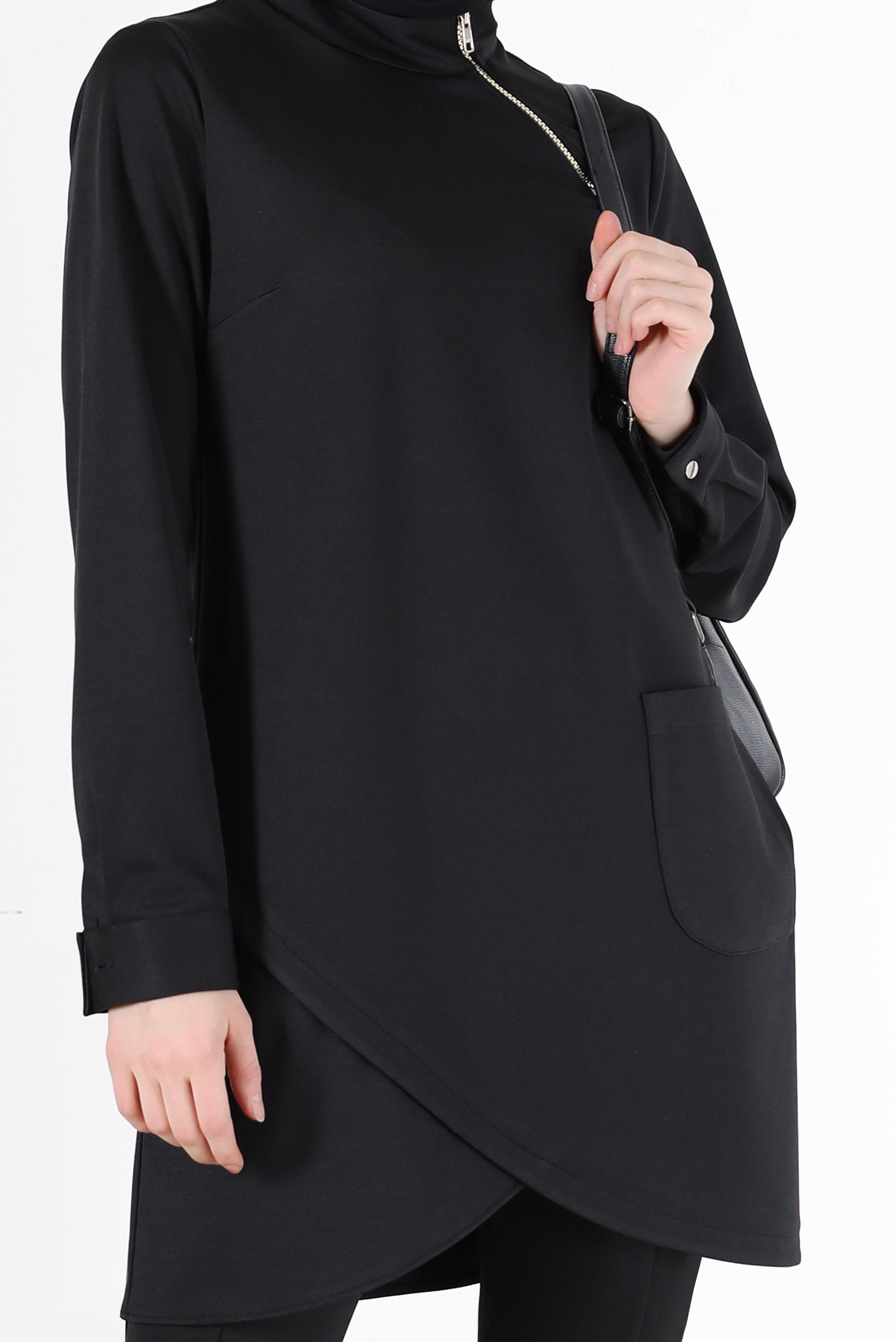 Tesettür giyim SİYAH FERMUAR DETAYLI ASİMETRİK KESİM TUNİK 42294 