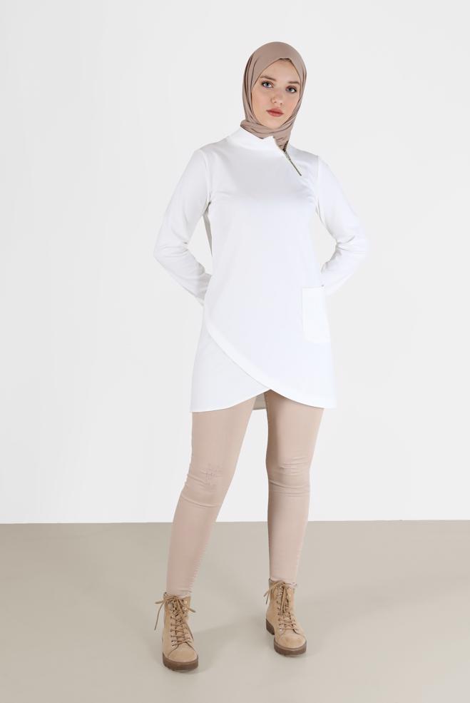 Tesettür giyim BEYAZ FERMUAR DETAYLI ASİMETRİK KESİM TUNİK 42294  - ALVİNA