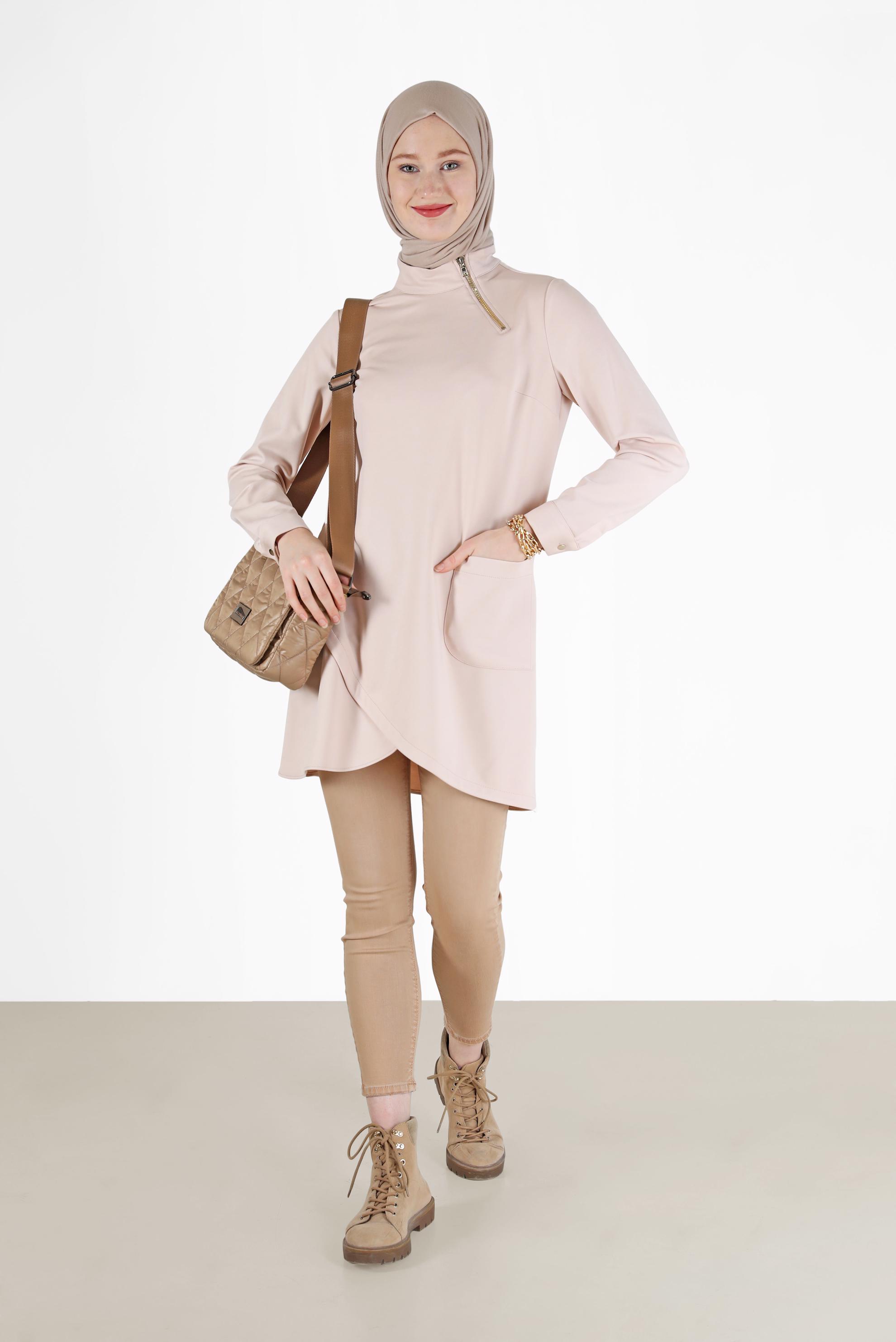 Hijab clothing BEIGE ZIPPER DETAIL ASYMMETRIC CUT TUNIC 42294 
