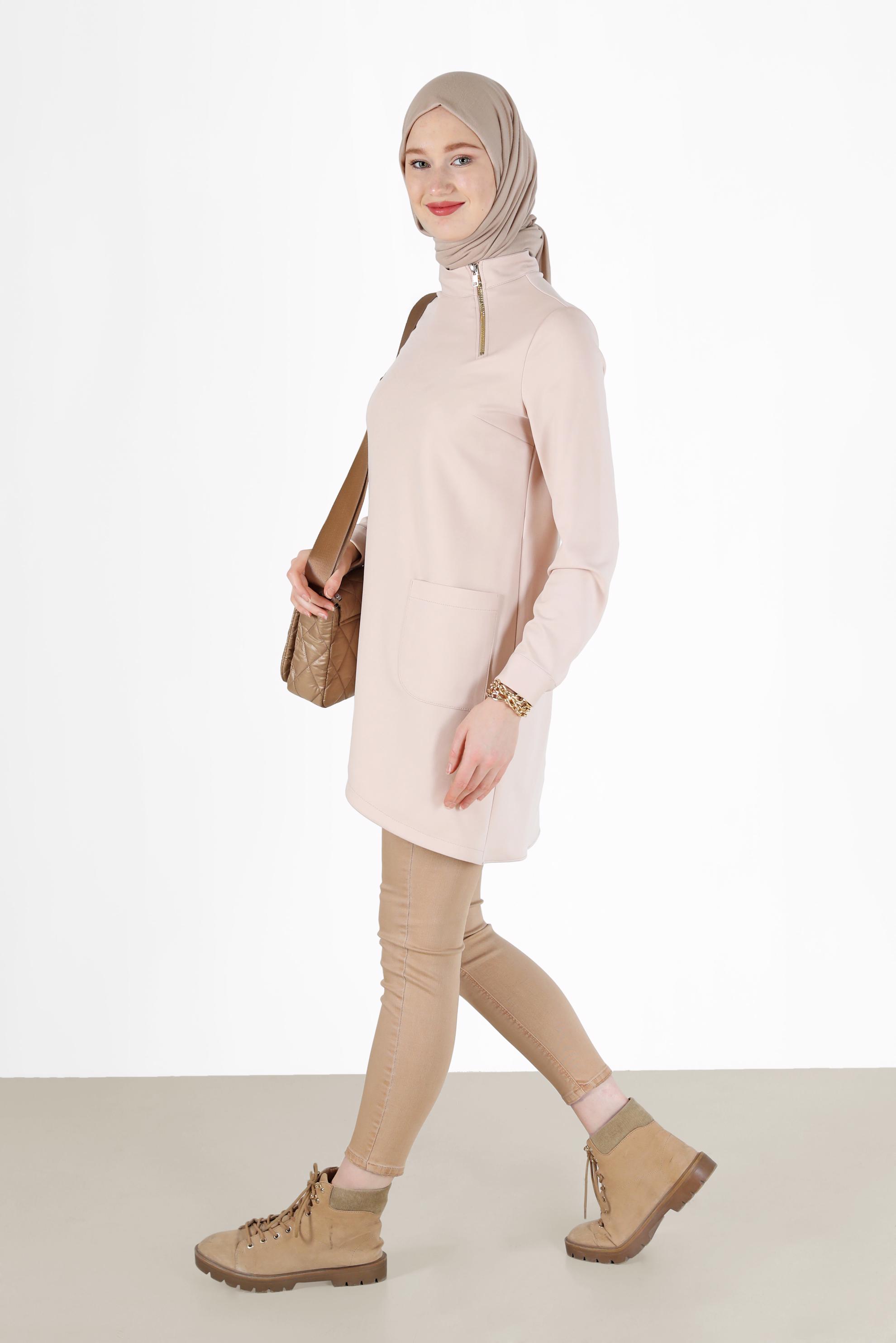 Hijab clothing BEIGE ZIPPER DETAIL ASYMMETRIC CUT TUNIC 42294 