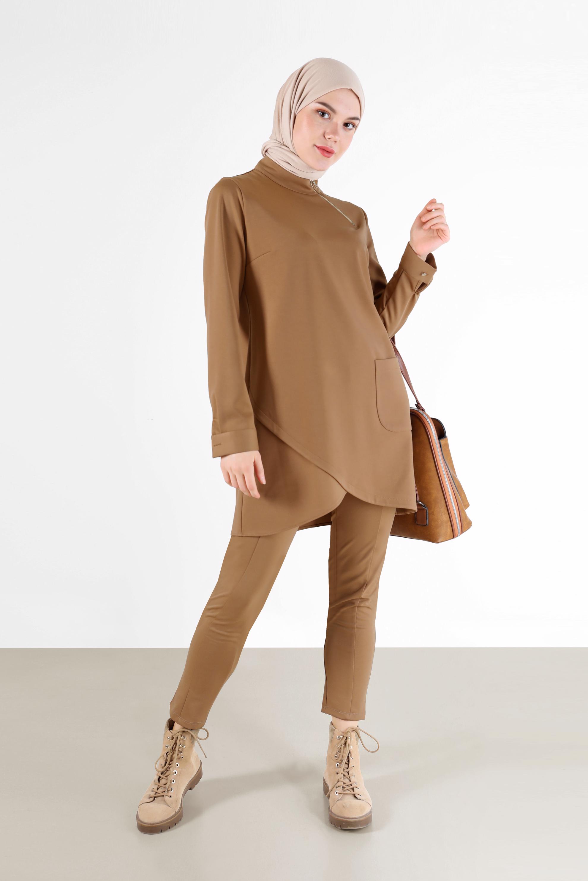 Tesettür giyim TABA FERMUAR DETAYLI ASİMETRİK KESİM TUNİK 42294 