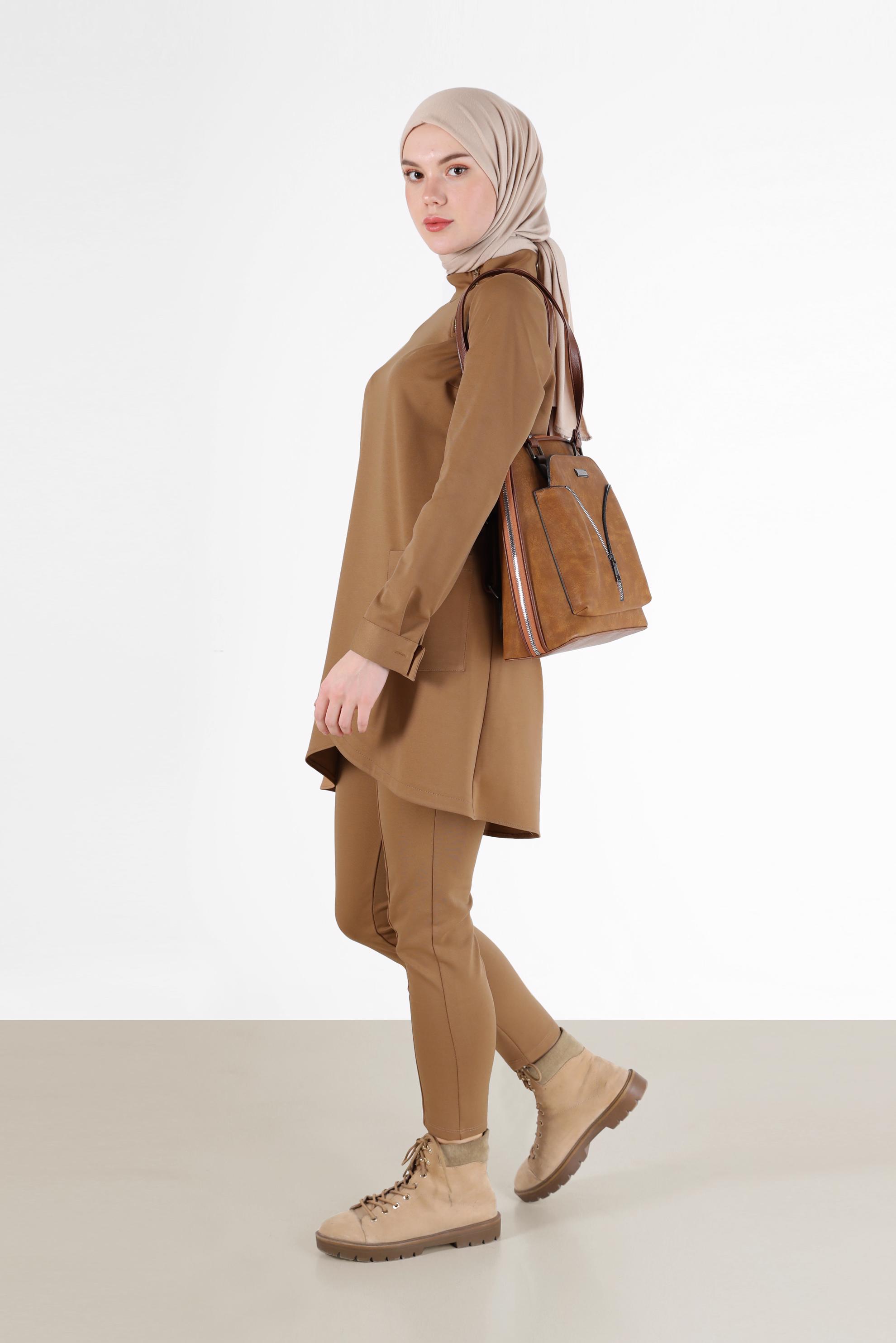 Tesettür giyim TABA FERMUAR DETAYLI ASİMETRİK KESİM TUNİK 42294 