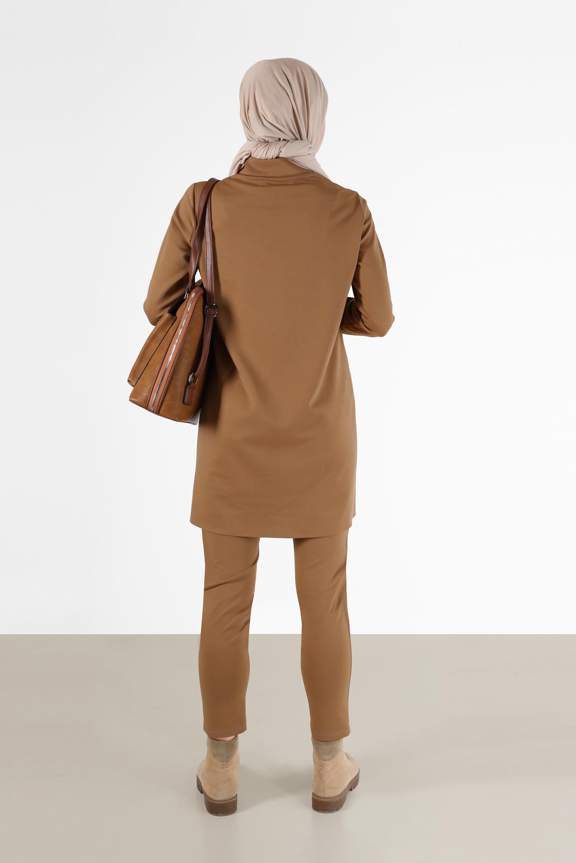 Tesettür giyim TABA FERMUAR DETAYLI ASİMETRİK KESİM TUNİK 42294 