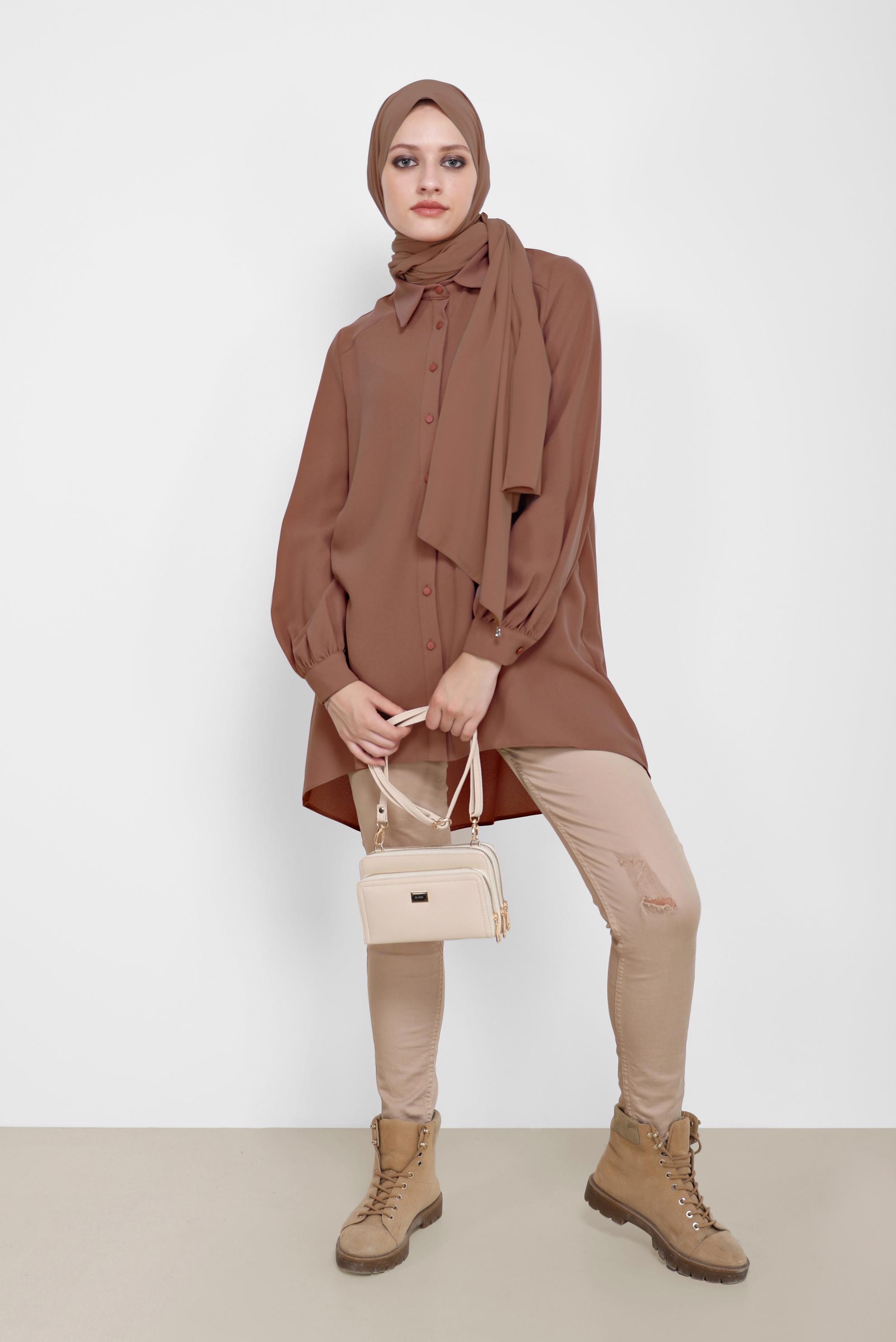 Tesettür giyim KAHVE BASIC KREP TUNİK 42295 