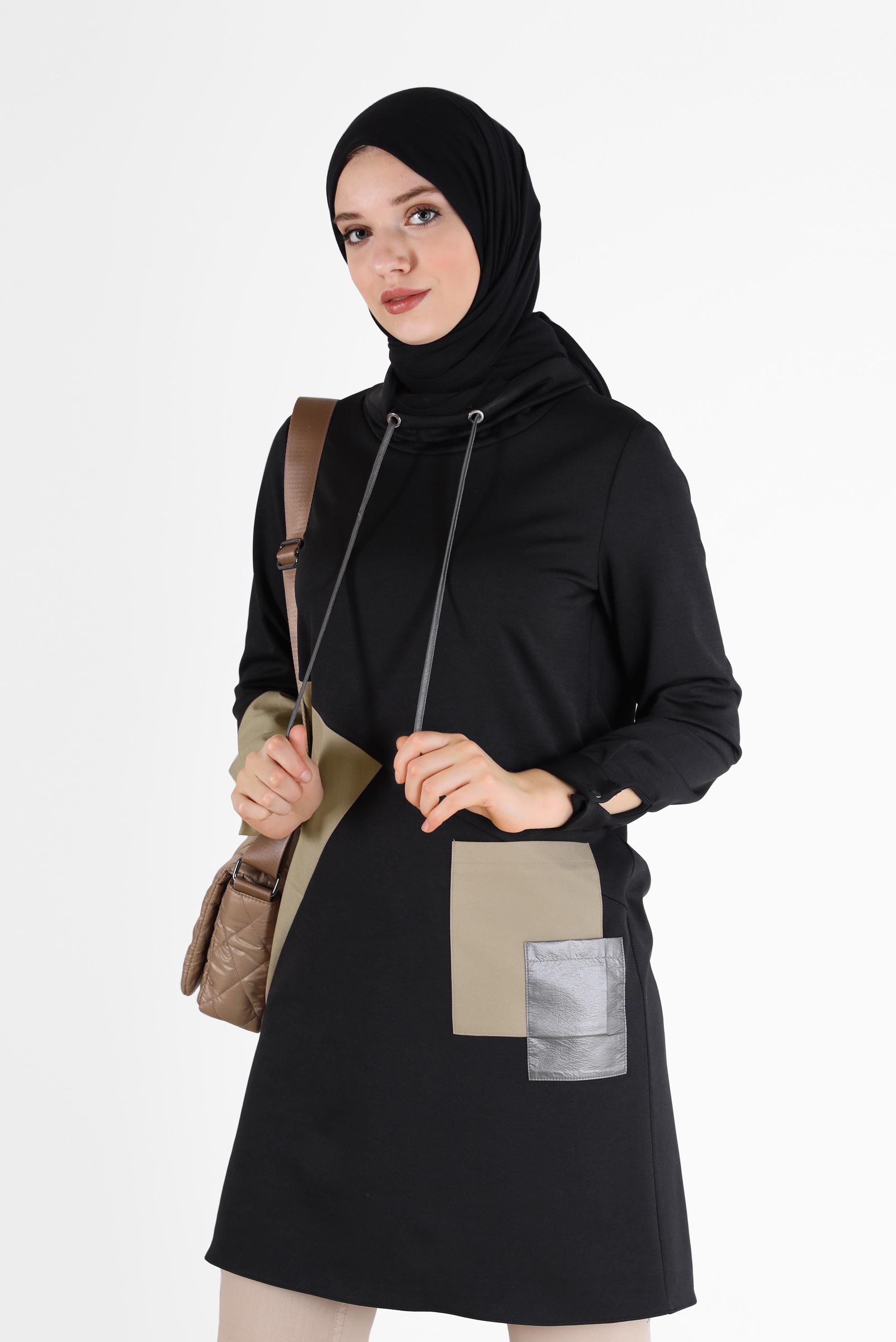 Tesettür giyim SİYAH GEOMETRİK ŞEKİL DETAYLI TUNİK 42305 
