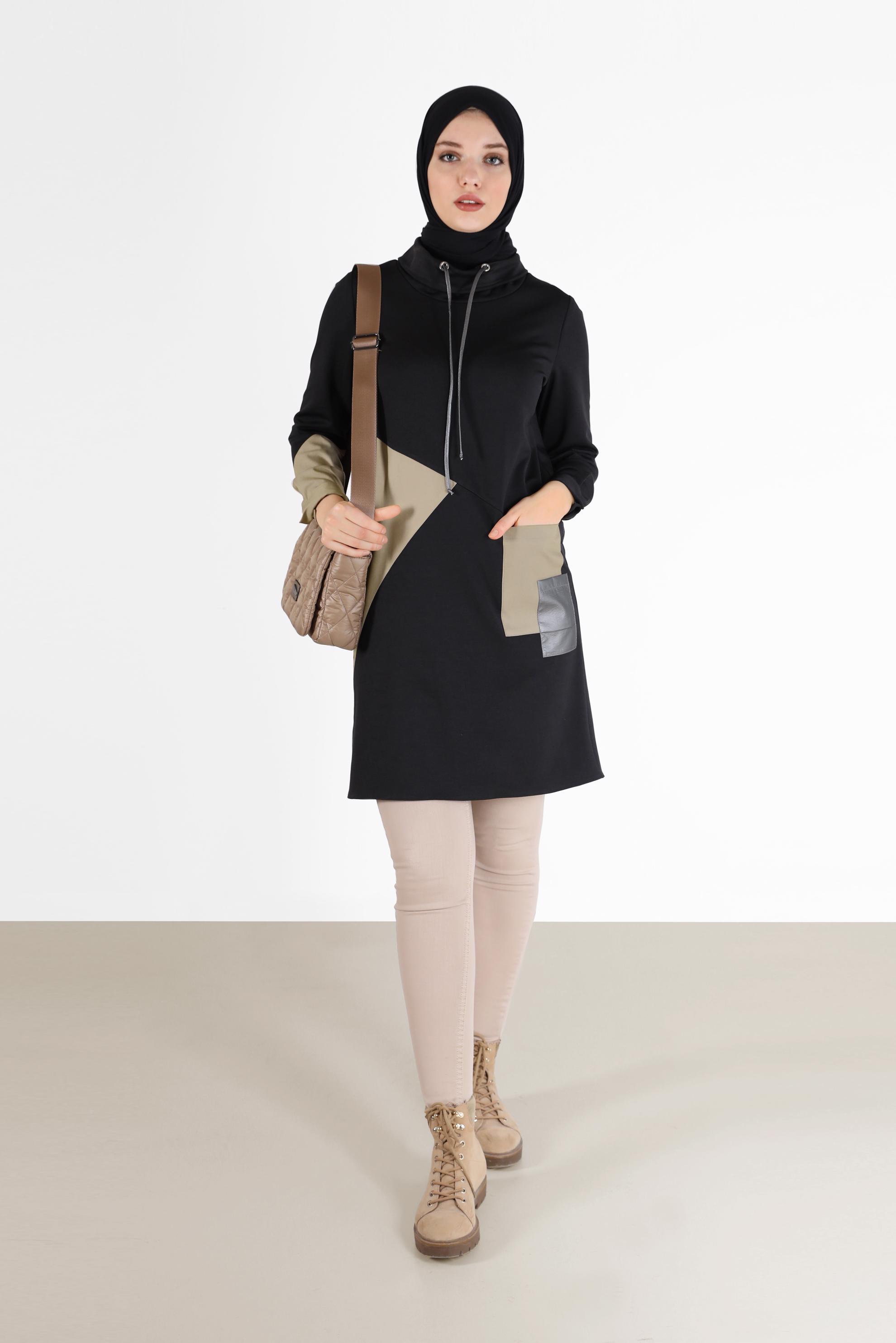 Tesettür giyim SİYAH GEOMETRİK ŞEKİL DETAYLI TUNİK 42305 