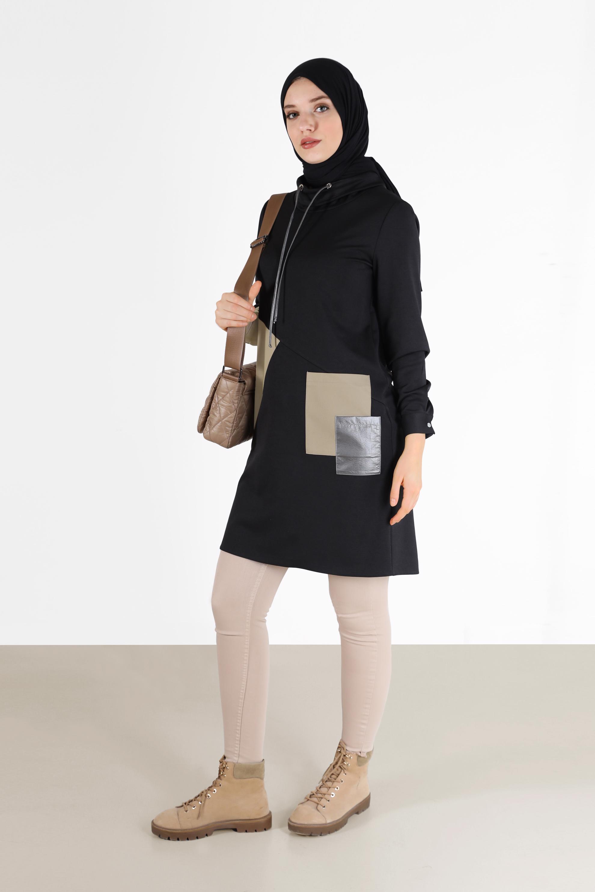 Tesettür giyim SİYAH GEOMETRİK ŞEKİL DETAYLI TUNİK 42305 