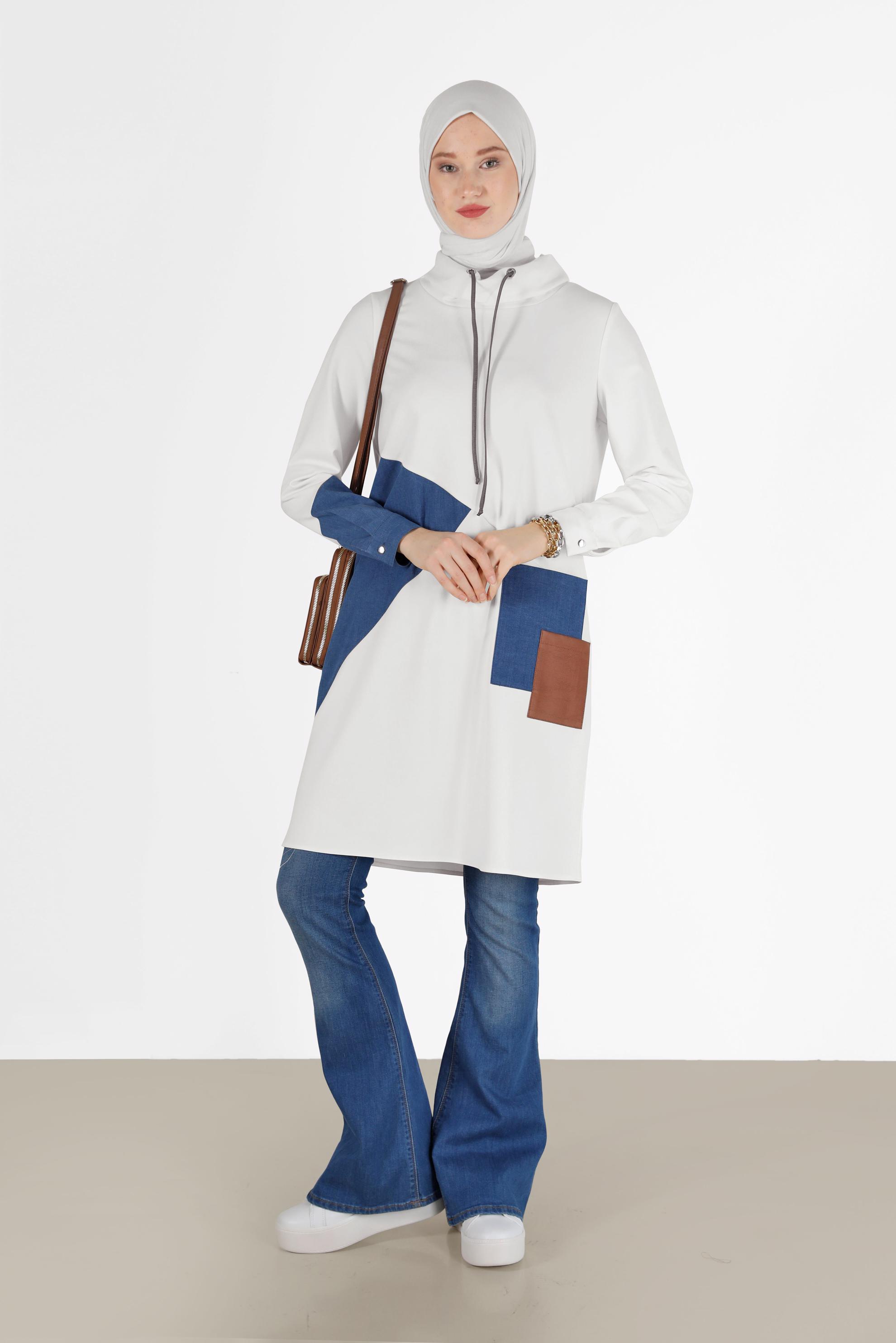 Hijab clothing WHITE GEOMETRIC PRINT DETAIL TUNIC 42305 