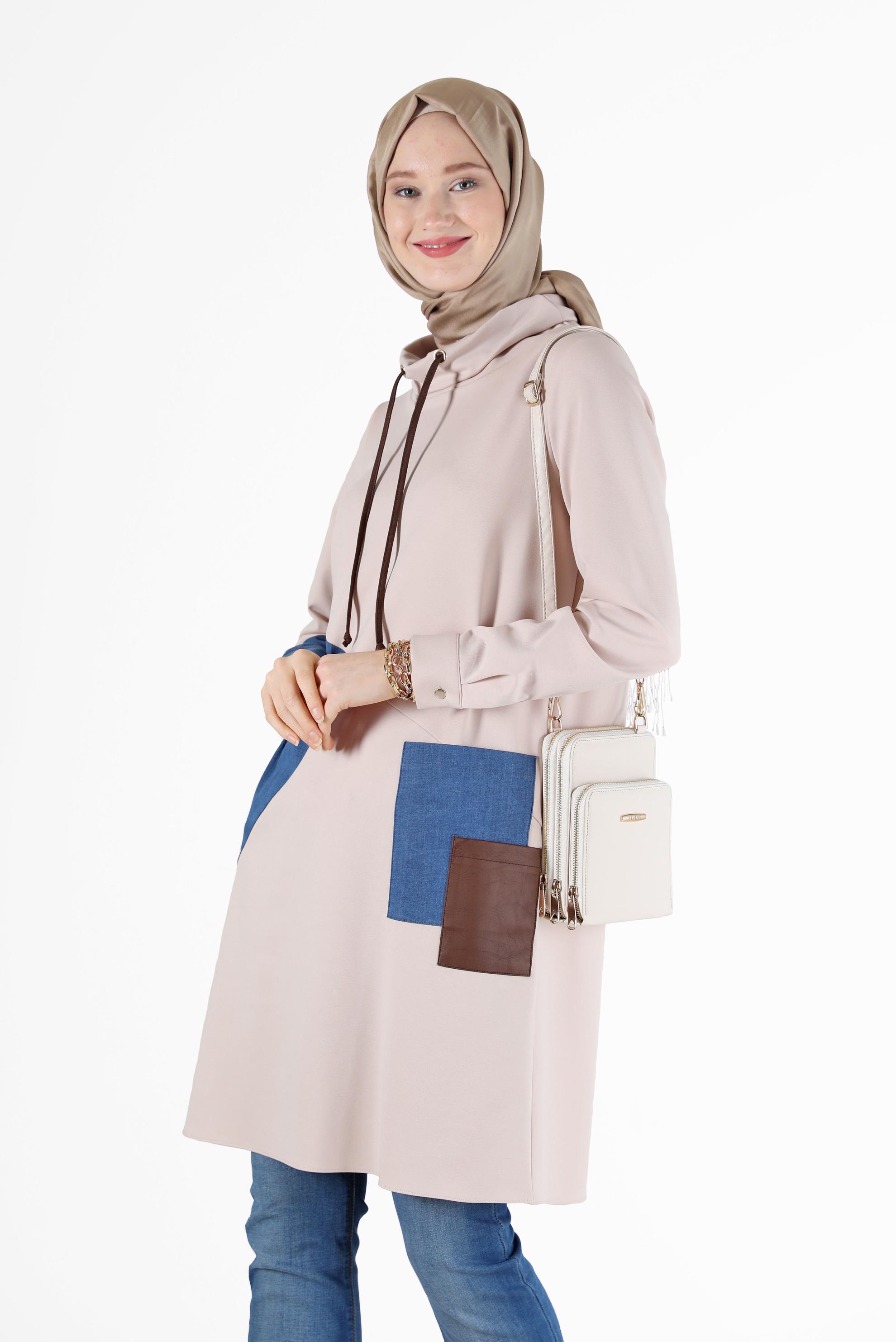 Hijab clothing BEIGE GEOMETRIC PRINT DETAIL TUNIC 42305 