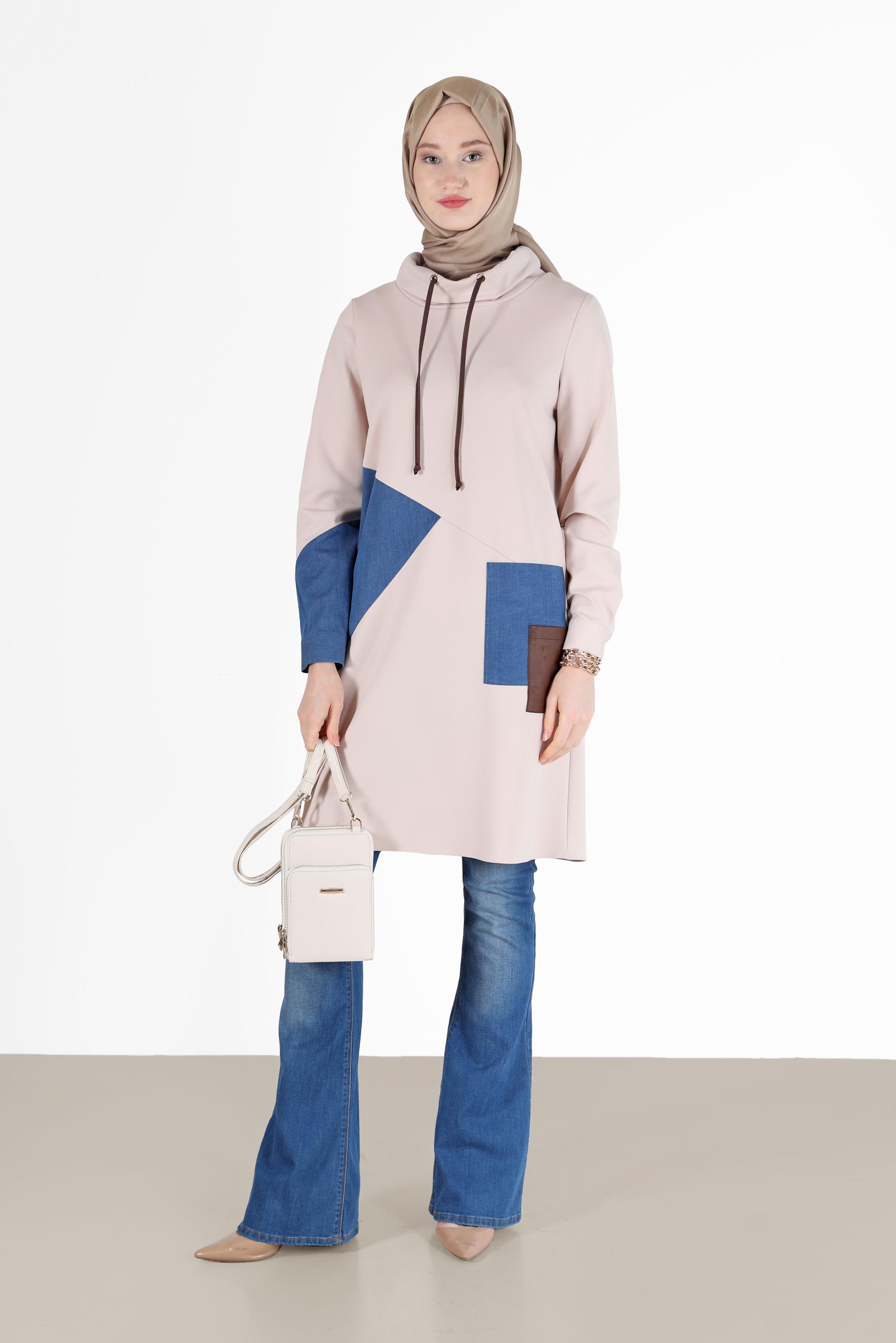 Hijab clothing BEIGE GEOMETRIC PRINT DETAIL TUNIC 42305 