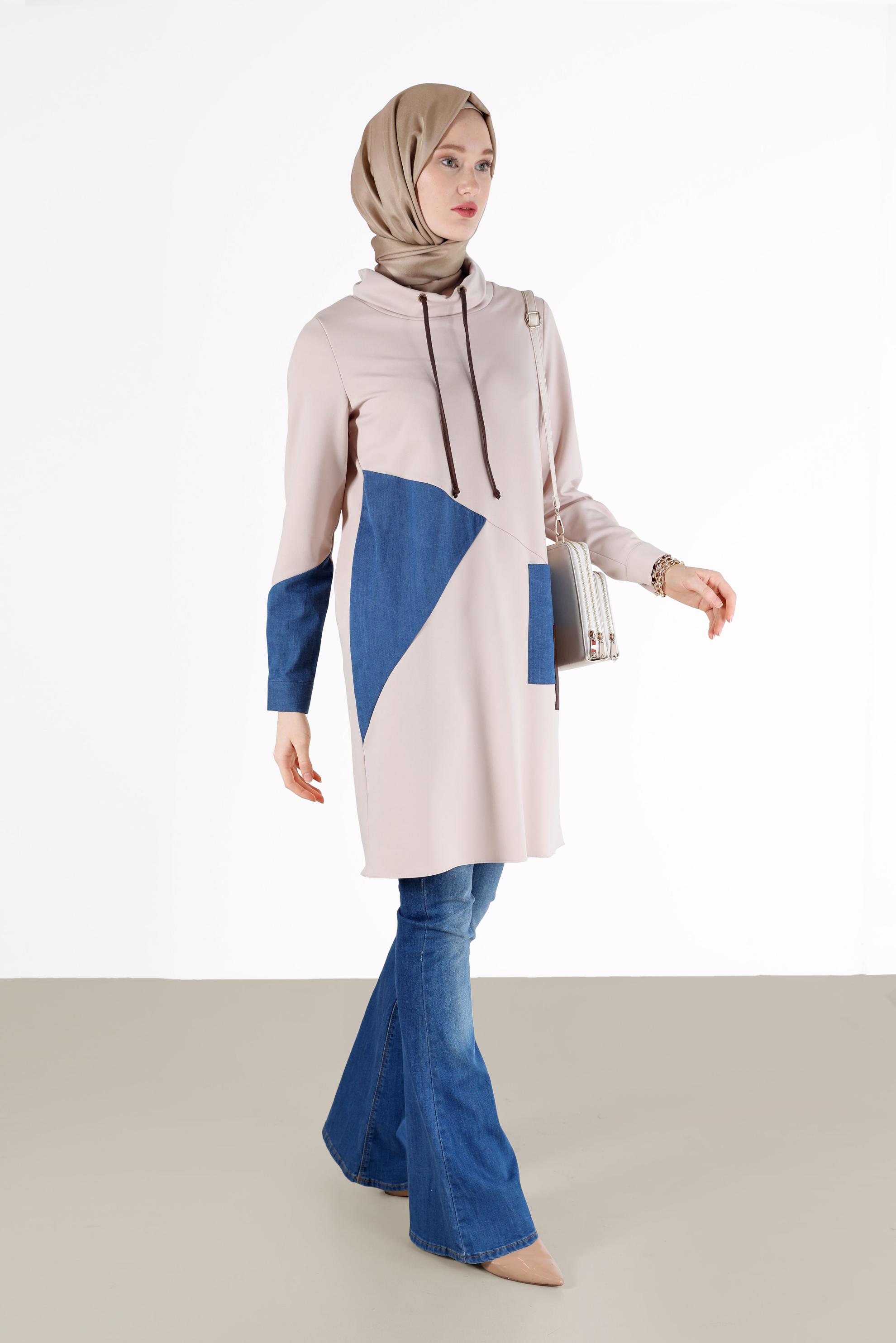 Hijab clothing BEIGE GEOMETRIC PRINT DETAIL TUNIC 42305 