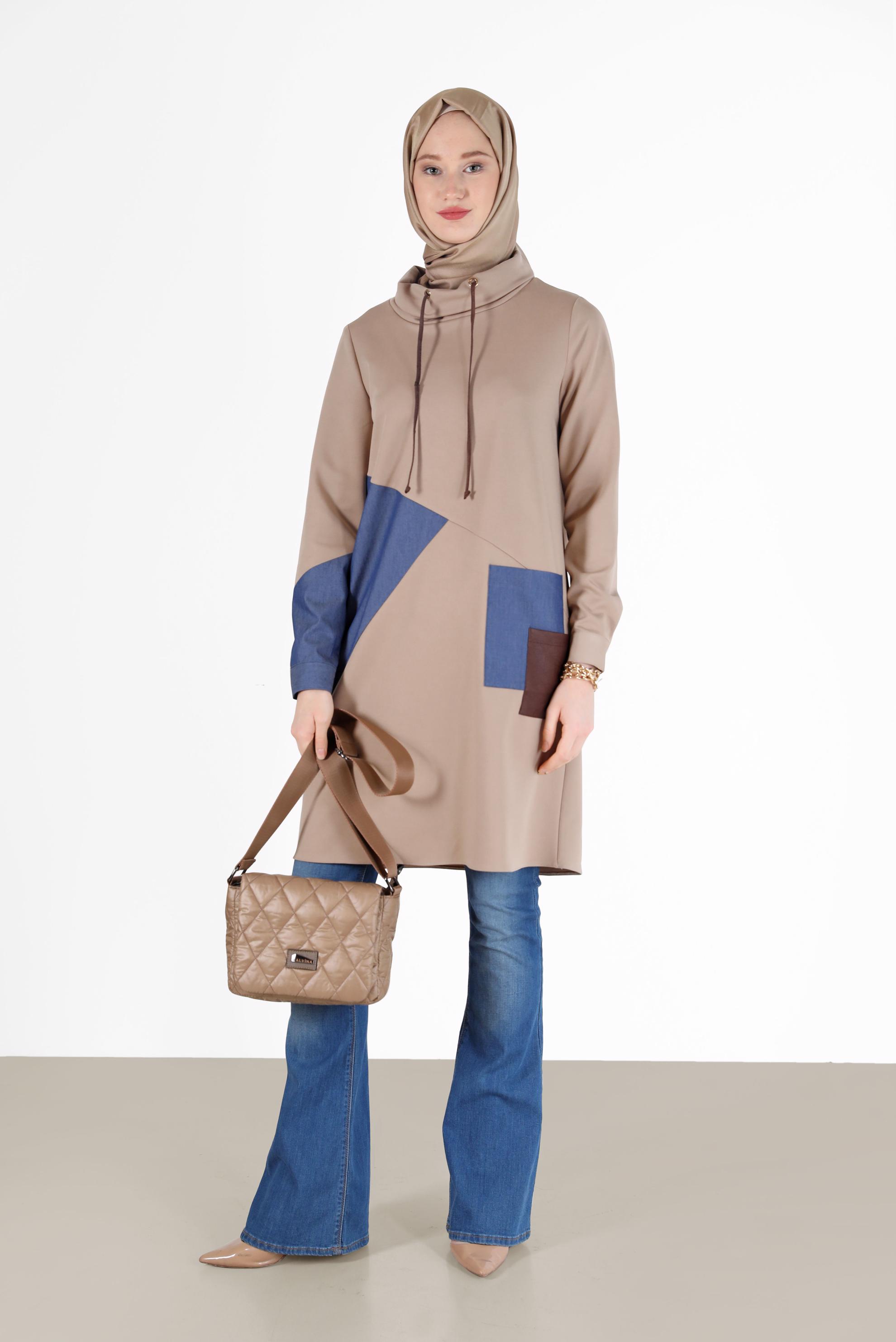 Hijab clothing BEIGE GEOMETRIC PRINT DETAIL TUNIC 42305 