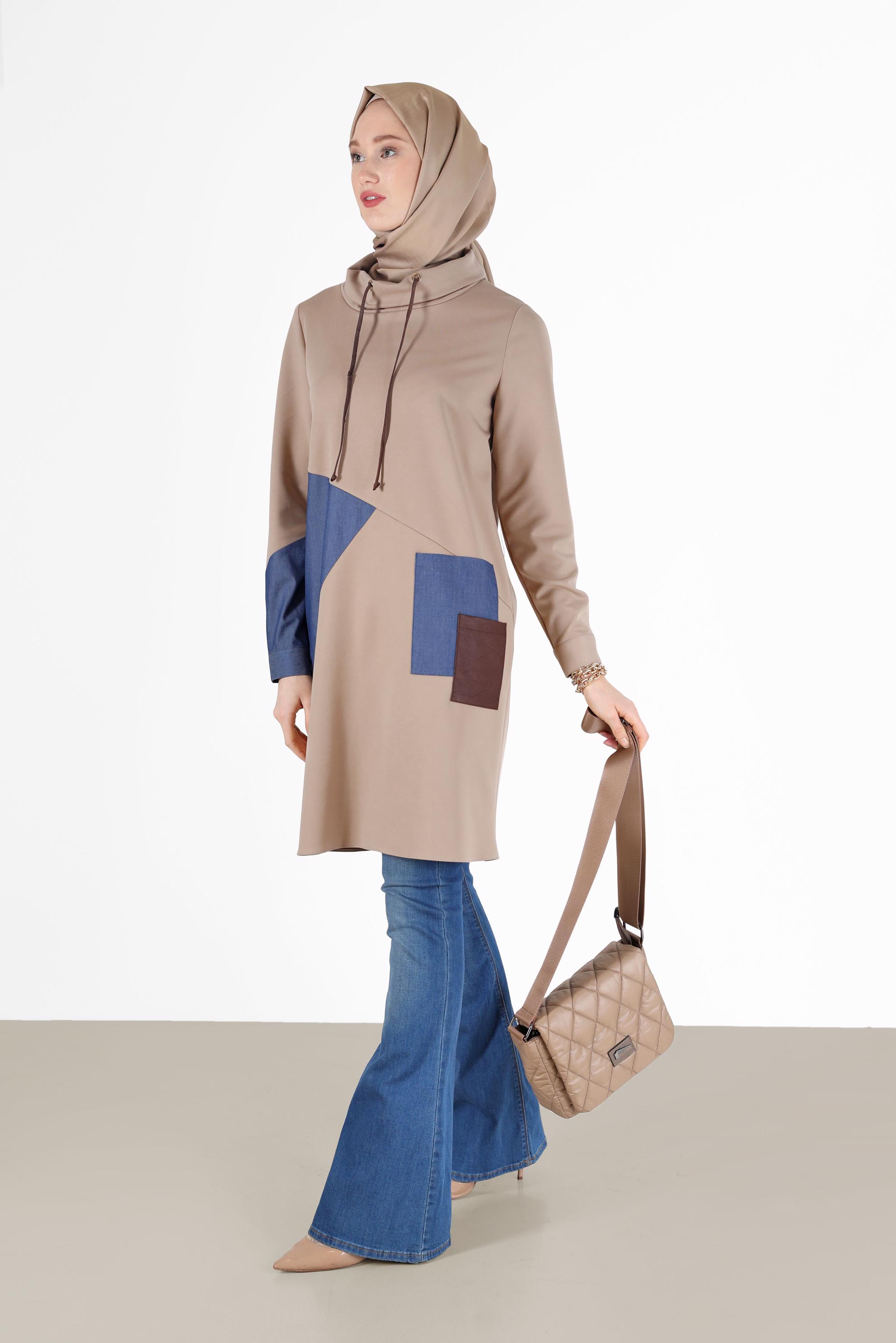 Hijab clothing BEIGE GEOMETRIC PRINT DETAIL TUNIC 42305 