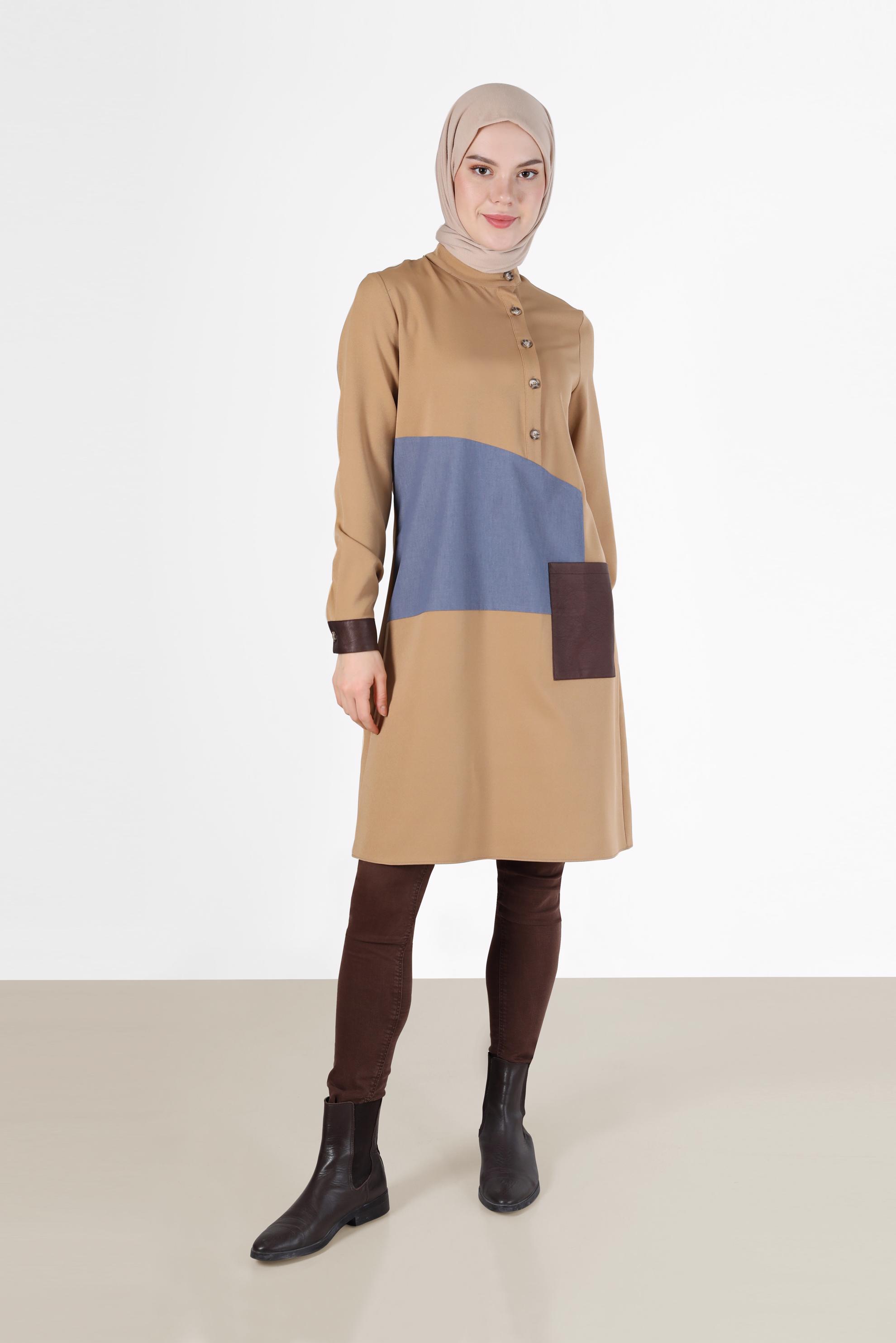 Tesettür giyim KAHVE GEOMETRİK DESEN DETAYLI DÜĞMELİ TUNİK 42306 