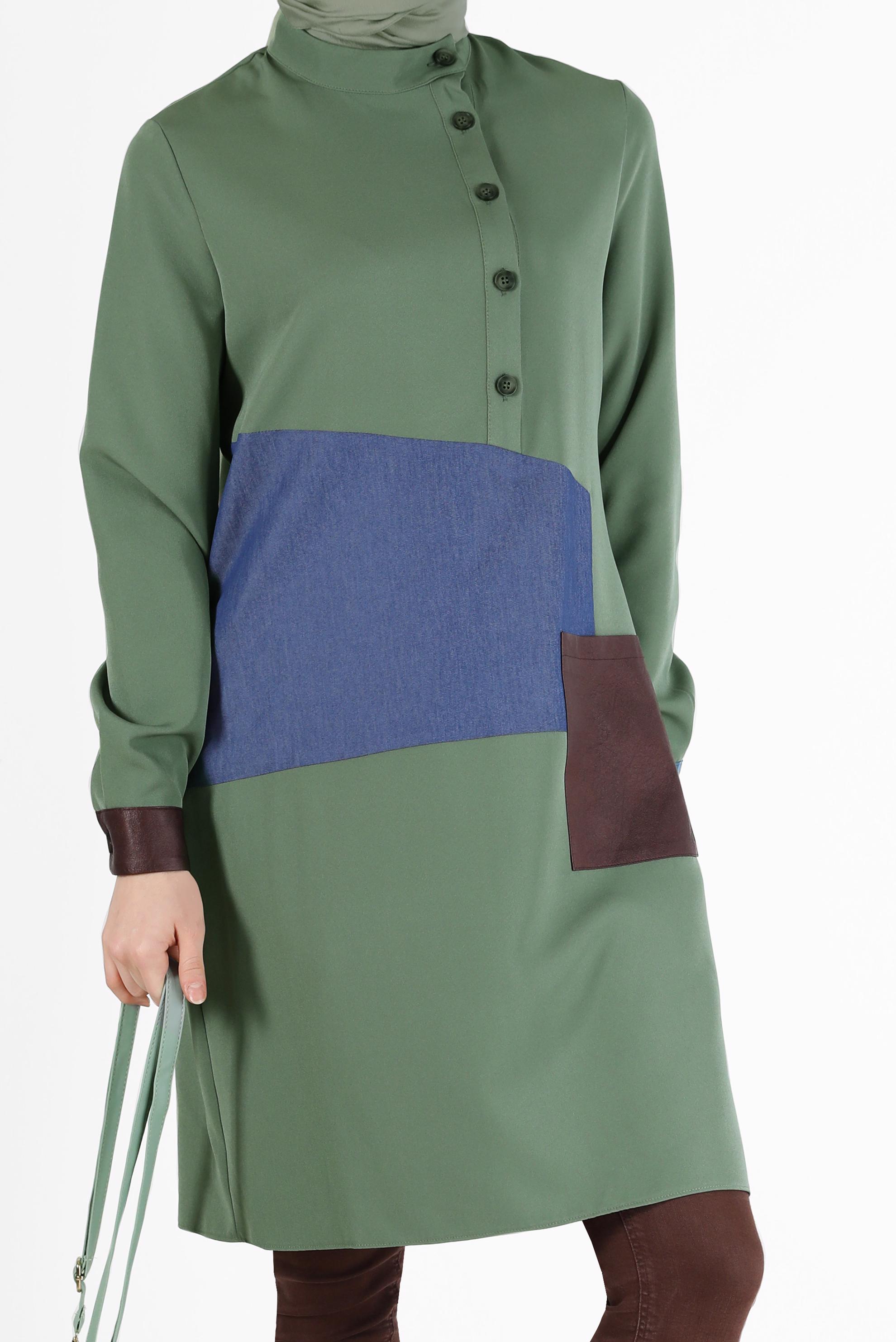 Tesettür giyim YEŞİL GEOMETRİK DESEN DETAYLI DÜĞMELİ TUNİK 42306 