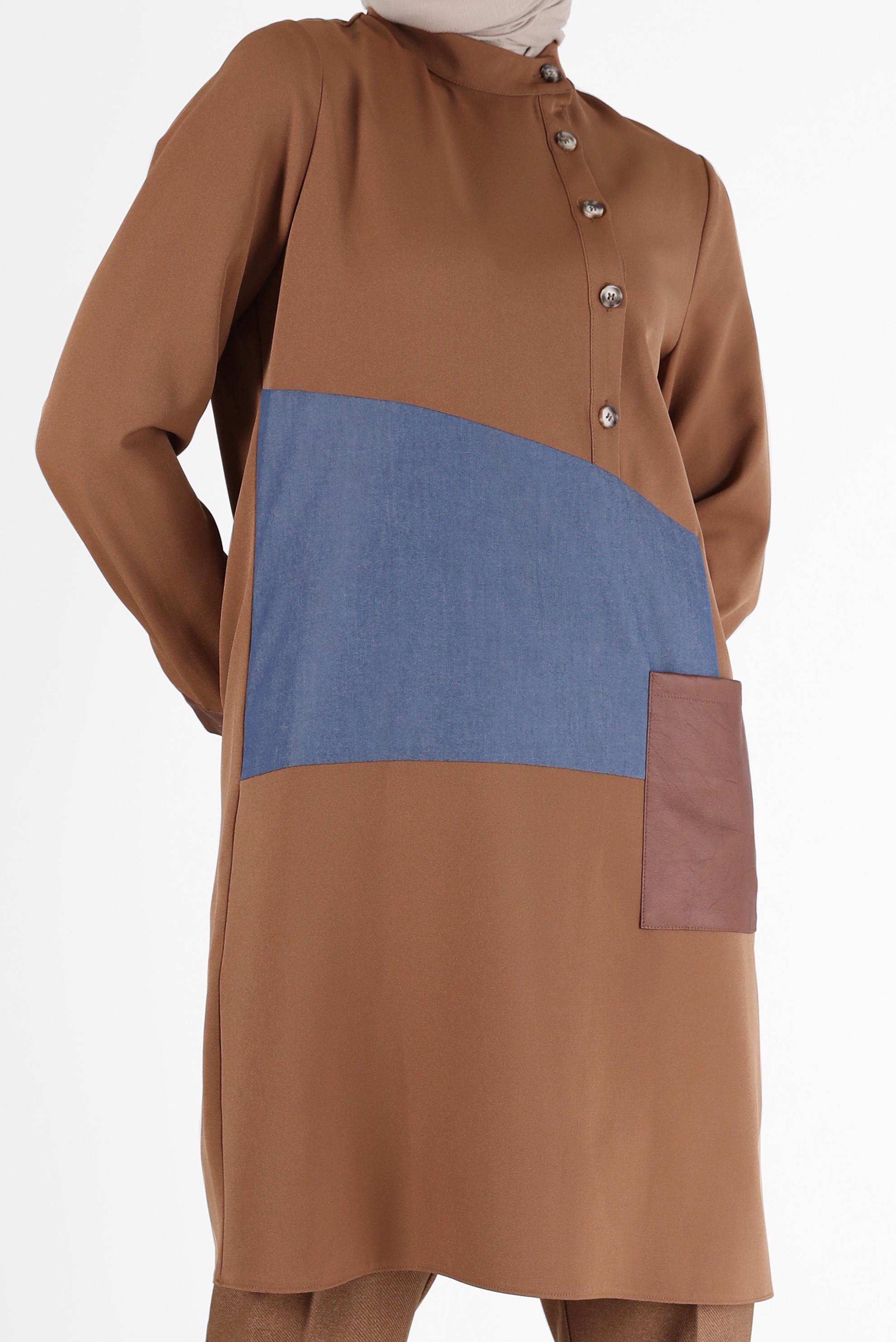 Tesettür giyim KAHVE GEOMETRİK DESEN DETAYLI DÜĞMELİ TUNİK 42306 