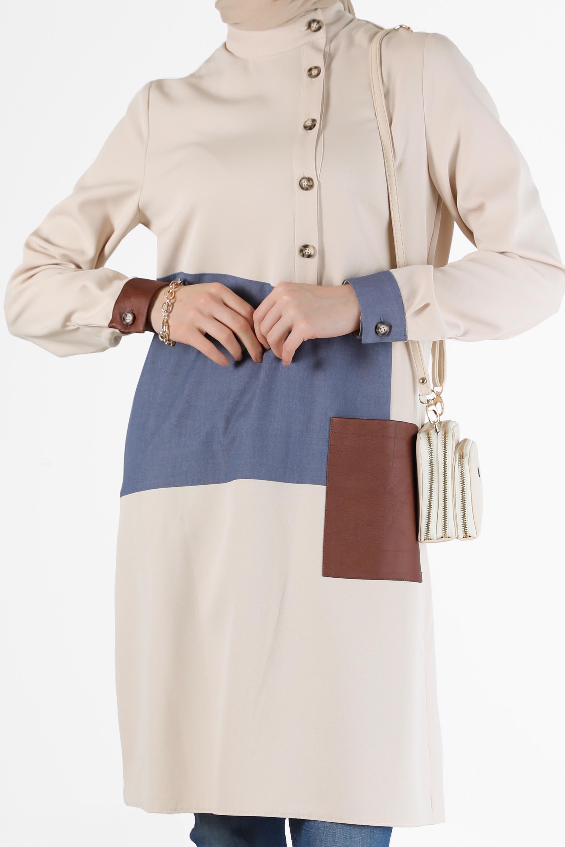 Tesettür giyim EKRU GEOMETRİK DESEN DETAYLI DÜĞMELİ TUNİK 42306 