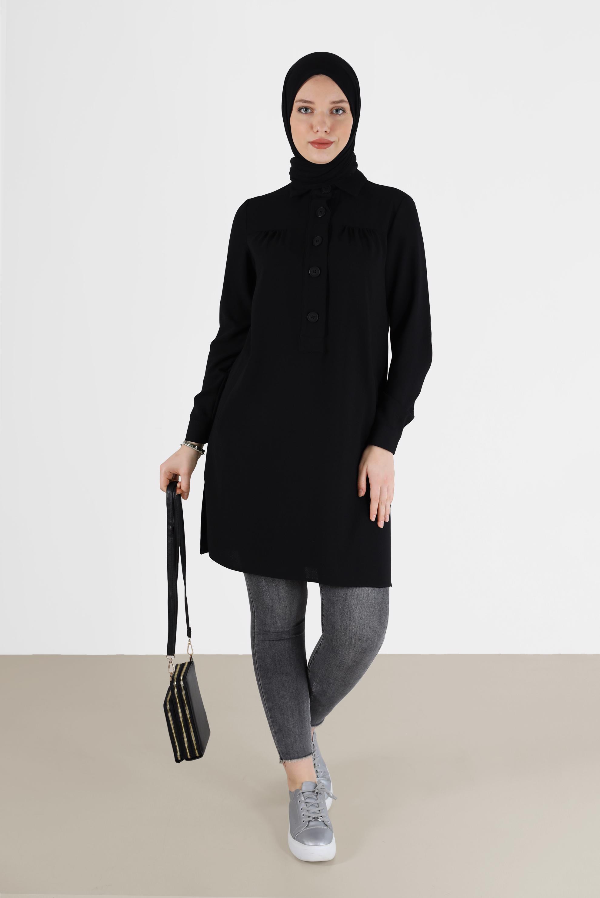 Tesettür giyim SİYAH DÜĞME DETAYLI TUNİK 42307 