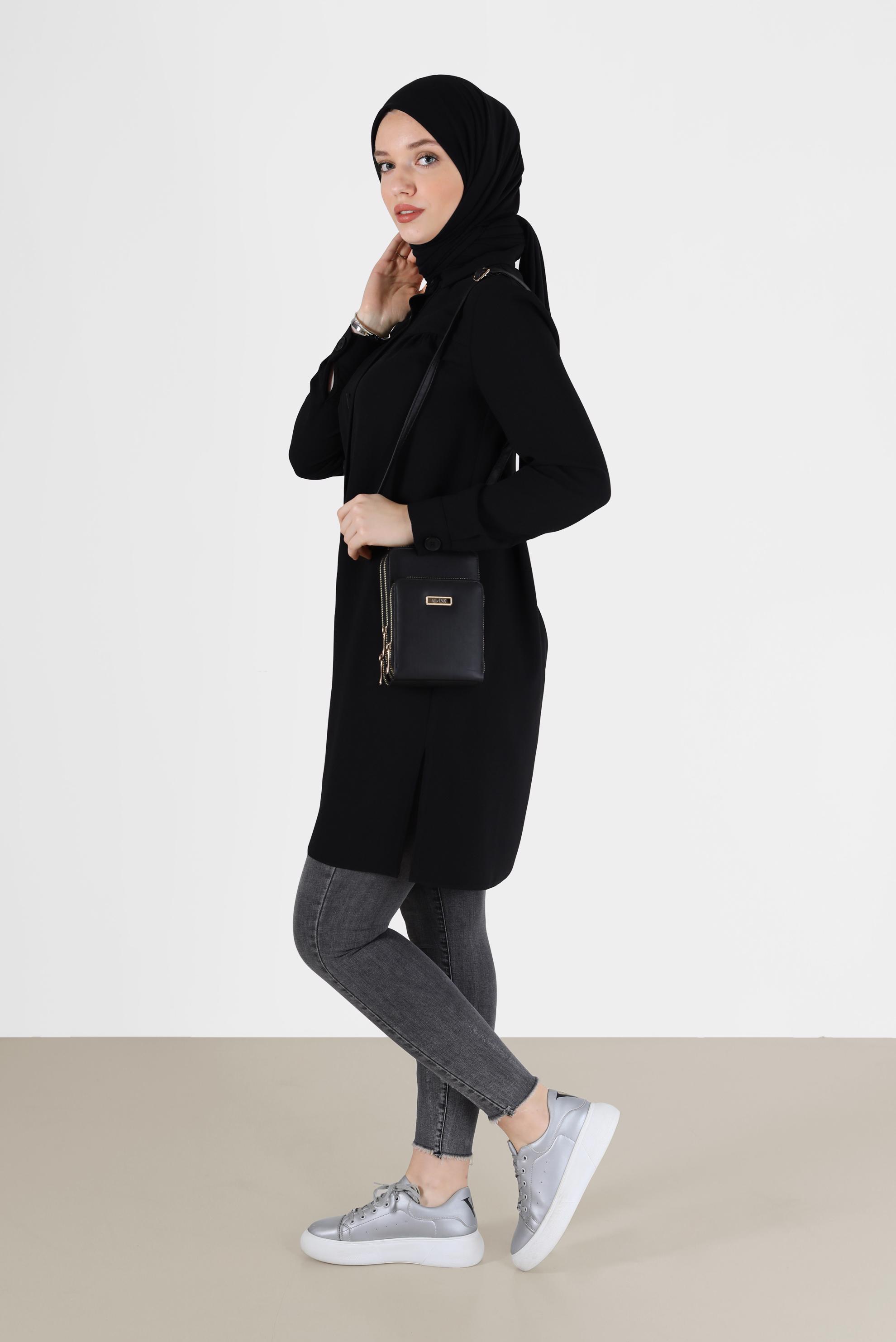 Tesettür giyim SİYAH DÜĞME DETAYLI TUNİK 42307 