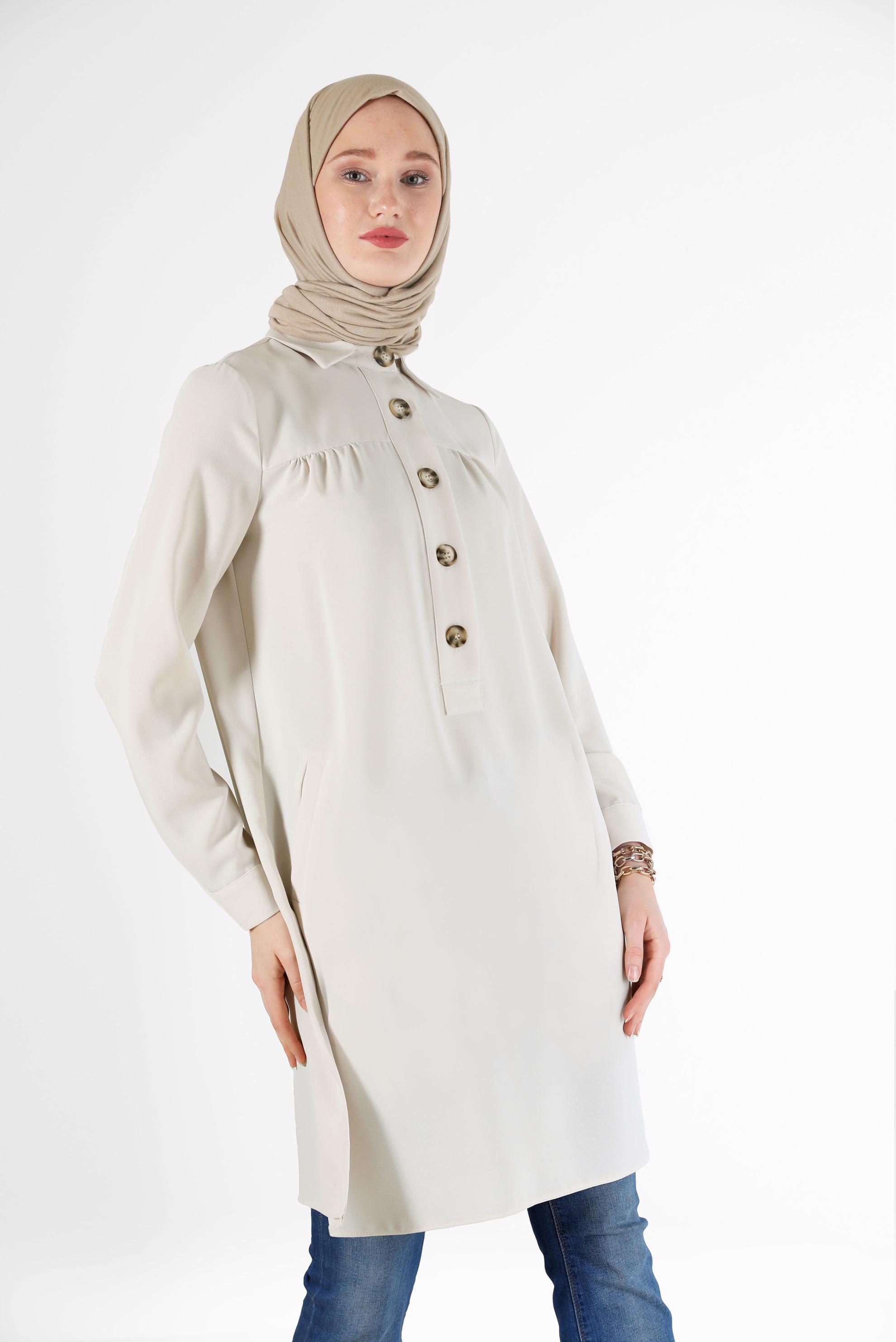 Tesettür giyim EKRU DÜĞME DETAYLI TUNİK 42307 