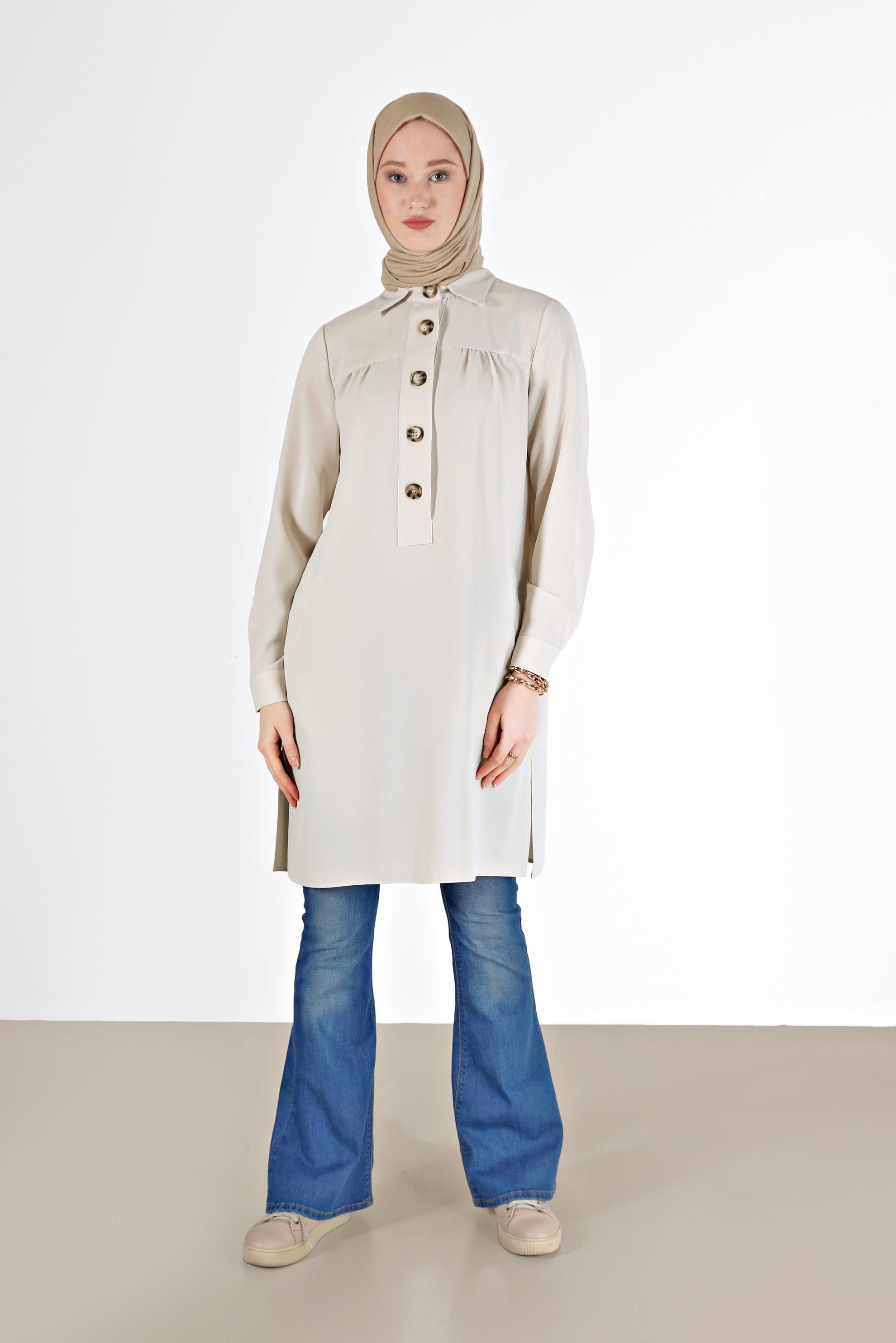 Tesettür giyim EKRU DÜĞME DETAYLI TUNİK 42307 