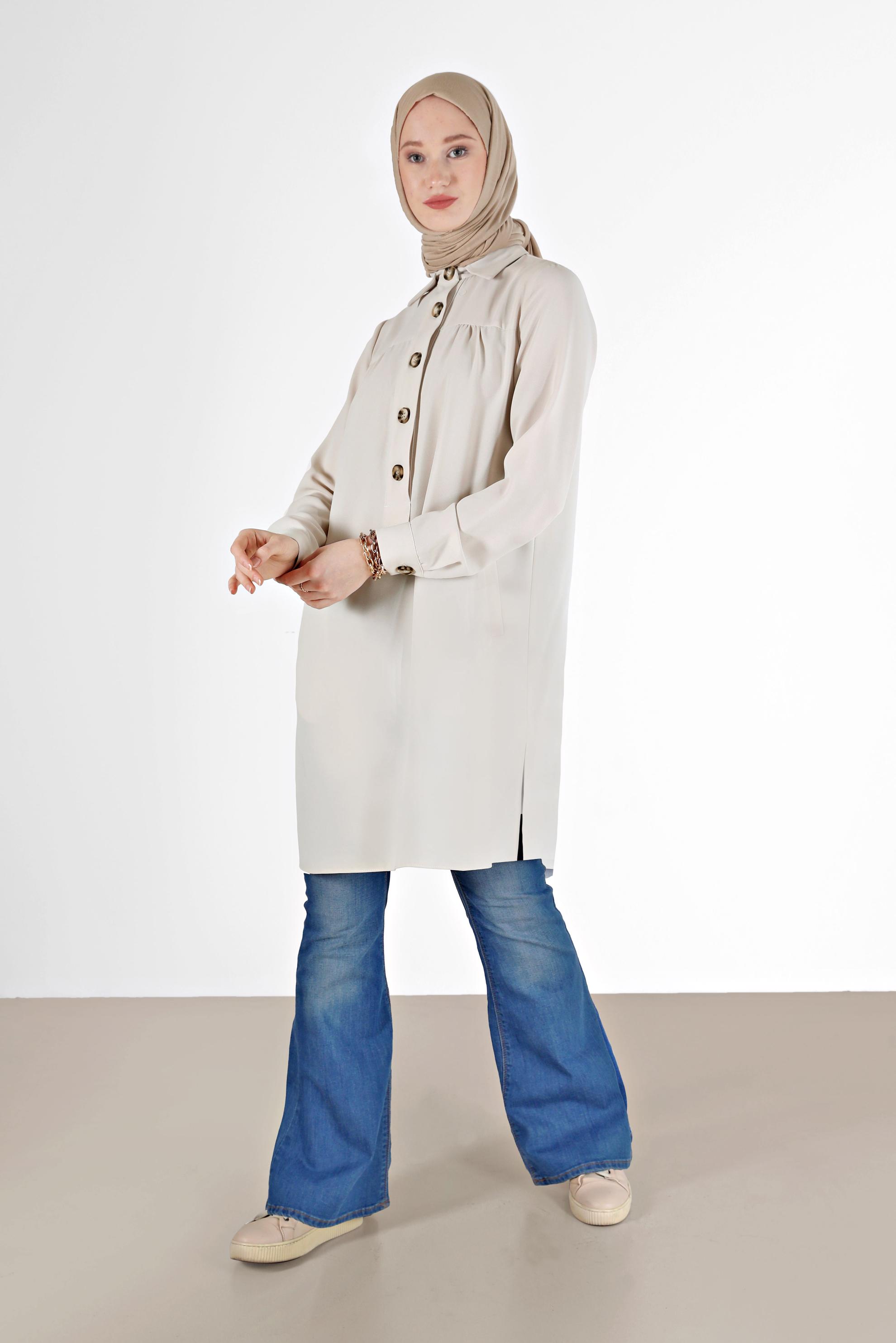 Tesettür giyim EKRU DÜĞME DETAYLI TUNİK 42307 