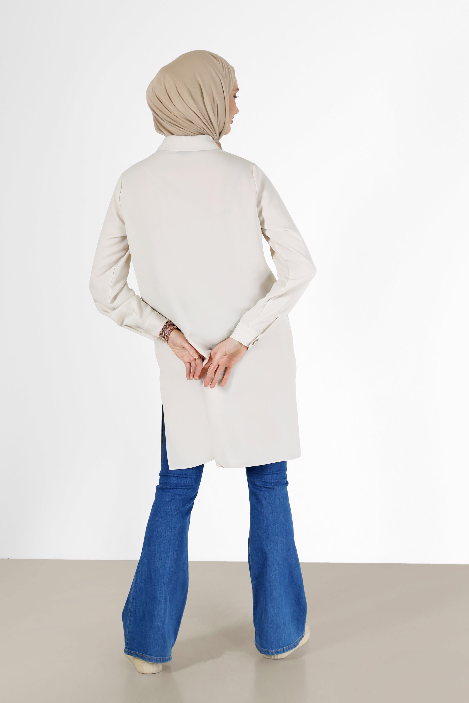 Tesettür giyim EKRU DÜĞME DETAYLI TUNİK 42307 