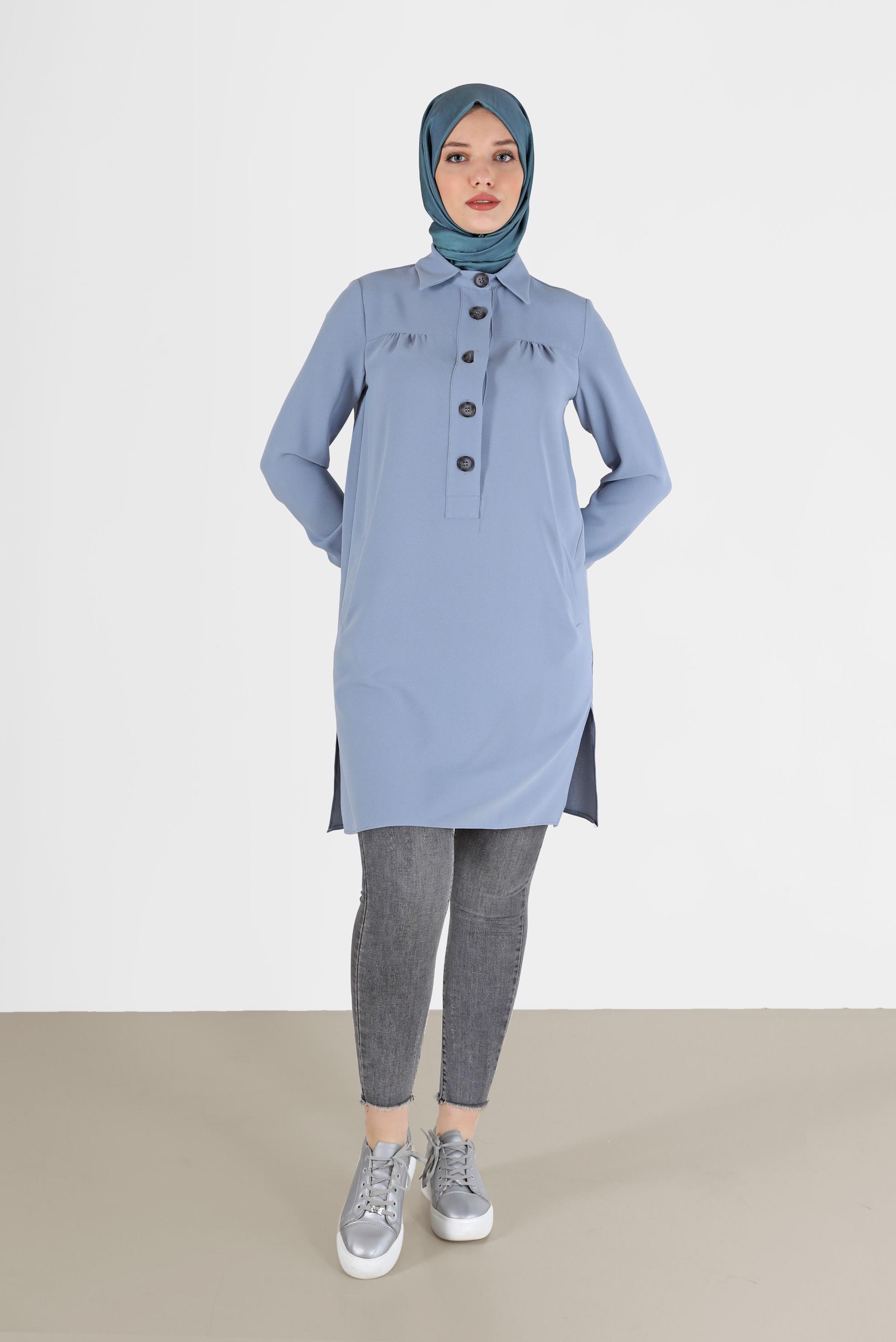Tesettür giyim MAVİ DÜĞME DETAYLI TUNİK 42307 