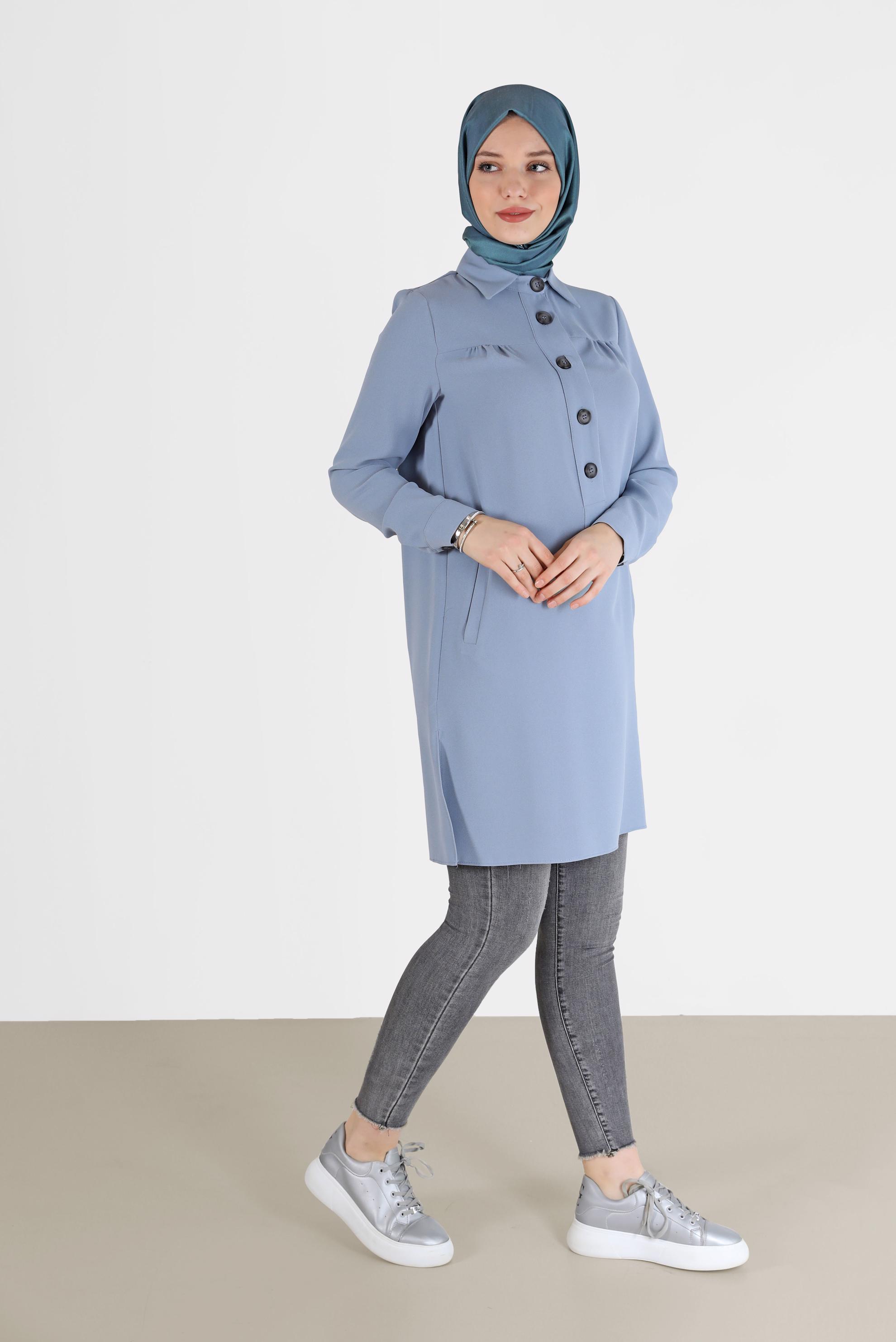 Tesettür giyim MAVİ DÜĞME DETAYLI TUNİK 42307 
