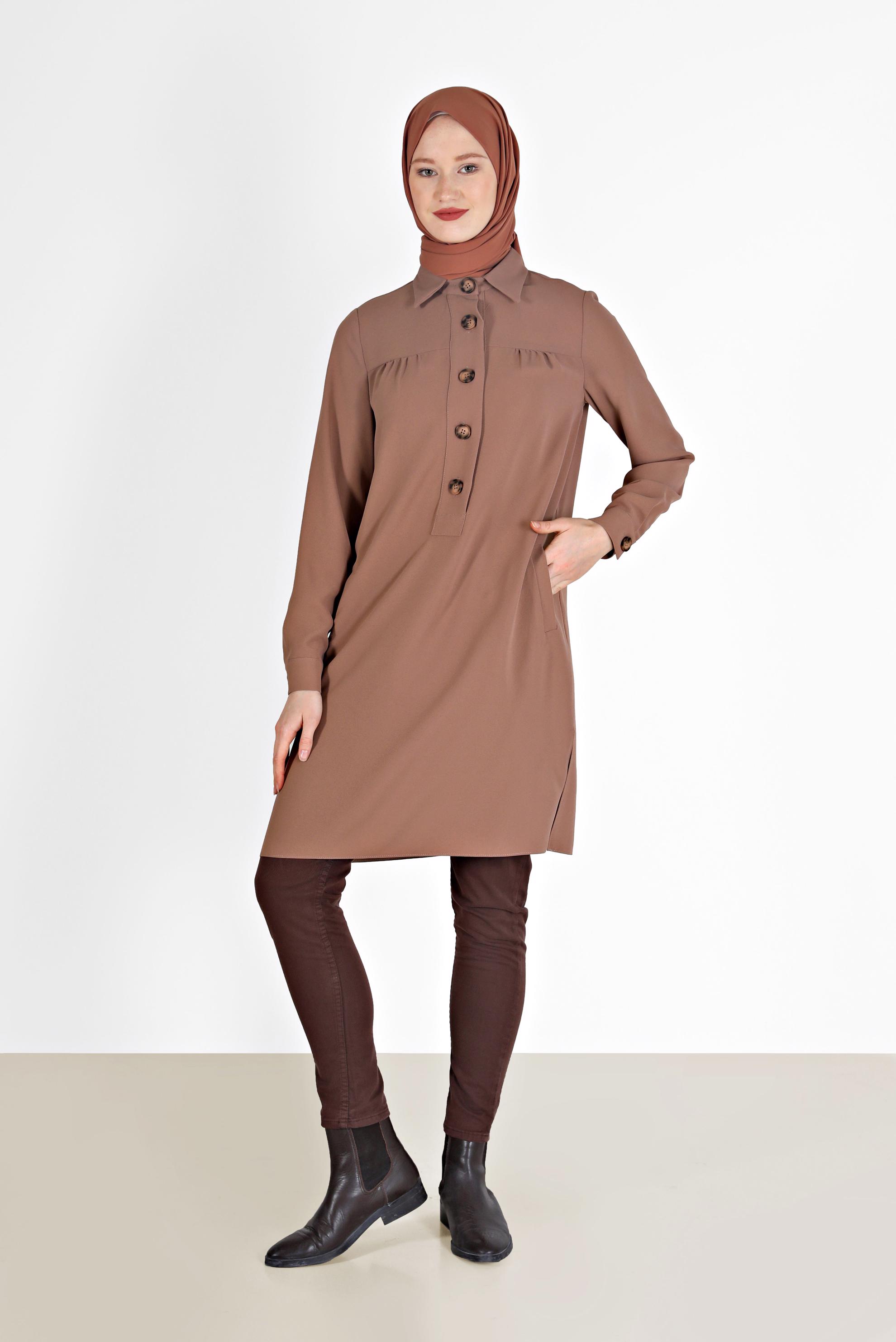 Tesettür giyim KAHVE DÜĞME DETAYLI TUNİK 42307 