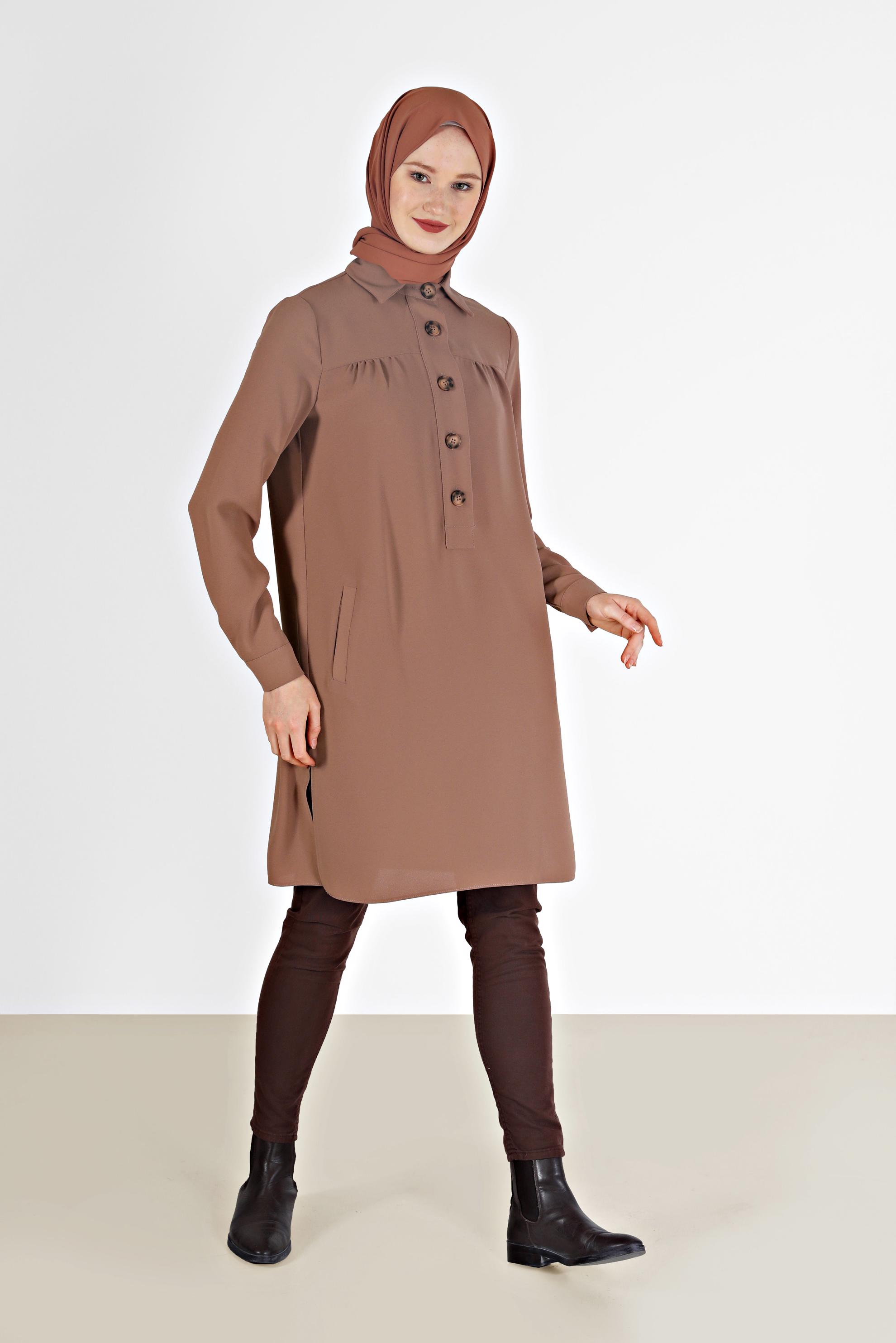Tesettür giyim KAHVE DÜĞME DETAYLI TUNİK 42307 